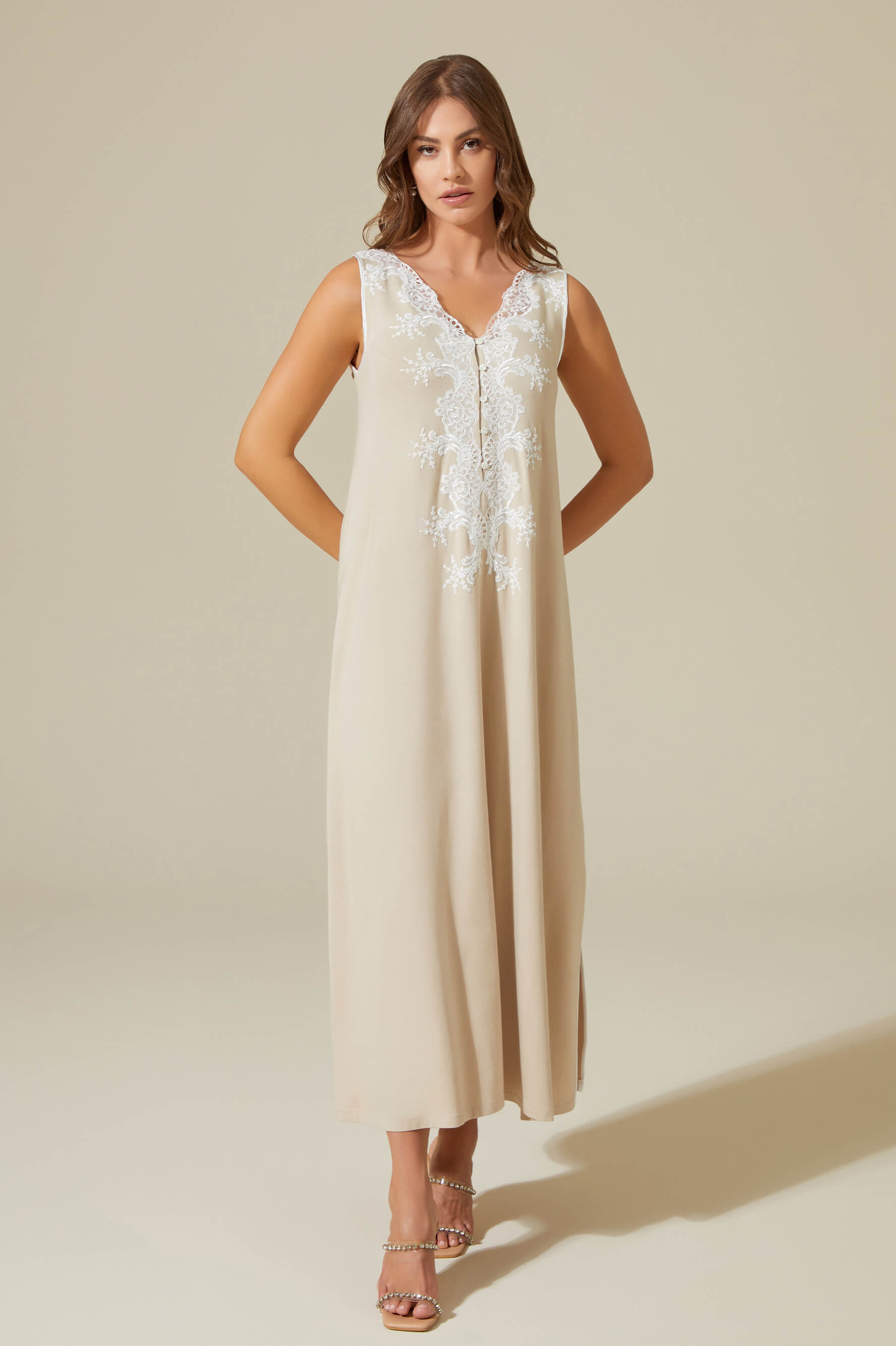 Rana Long Velvet Robe Set with Combed Cotton Inner Nightgown - Off White on Beige