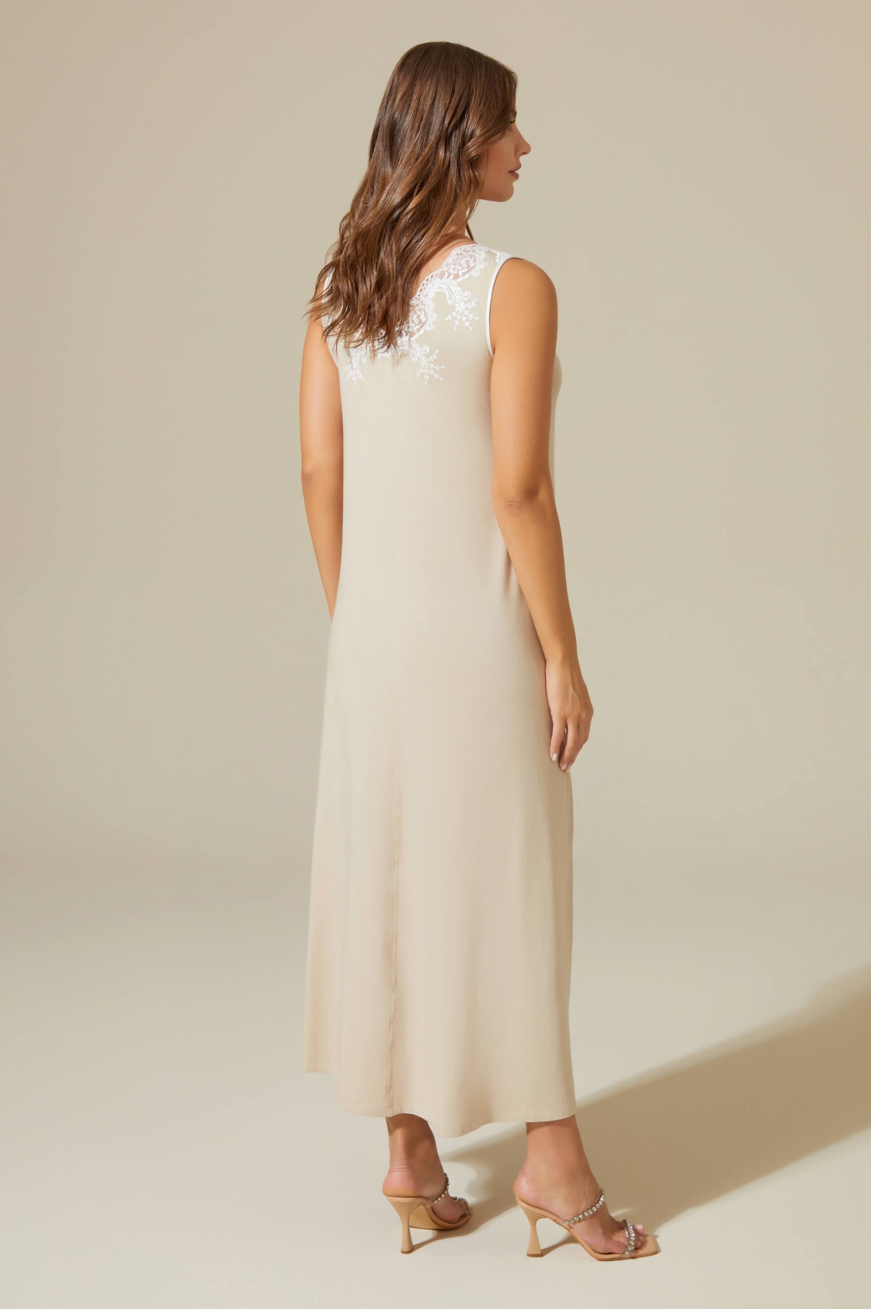 Luna Long Trimmed and Buttoned Cotton Nightgown - Off White on Beige