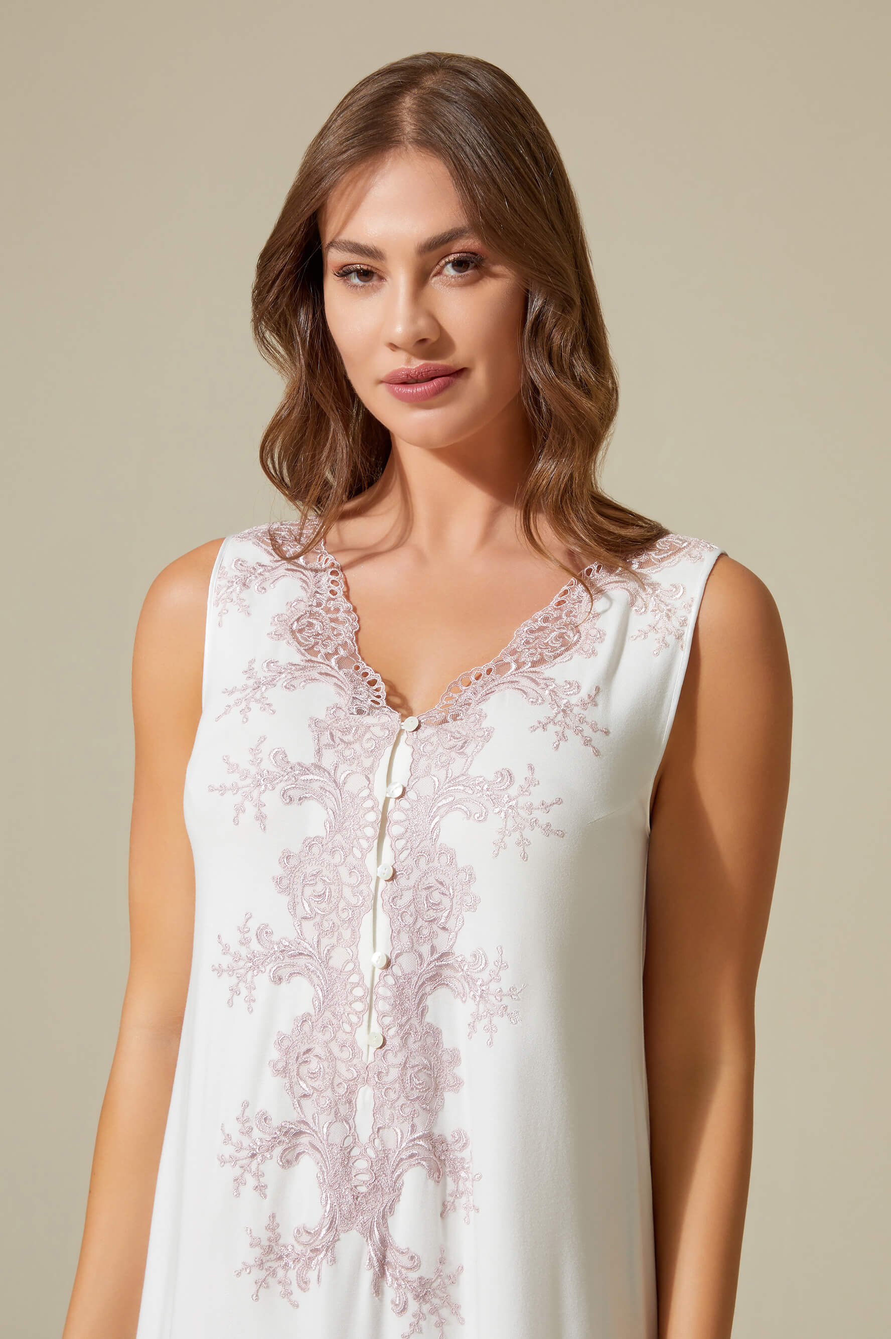 Luna Long Trimmed and Buttoned Cotton Nightgown - Powder on Off White
