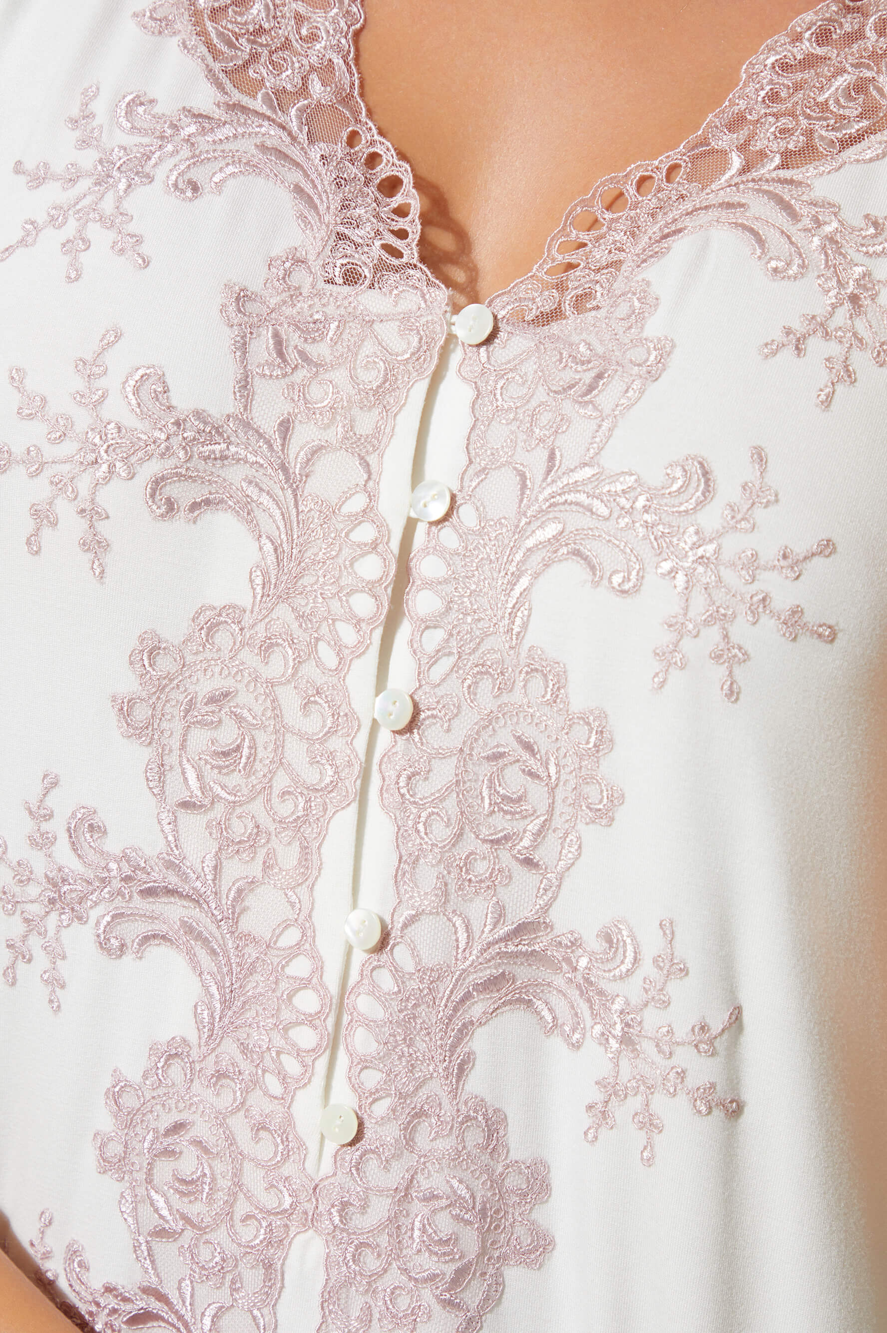 Luna Long Trimmed and Buttoned Cotton Nightgown - Powder on Off White