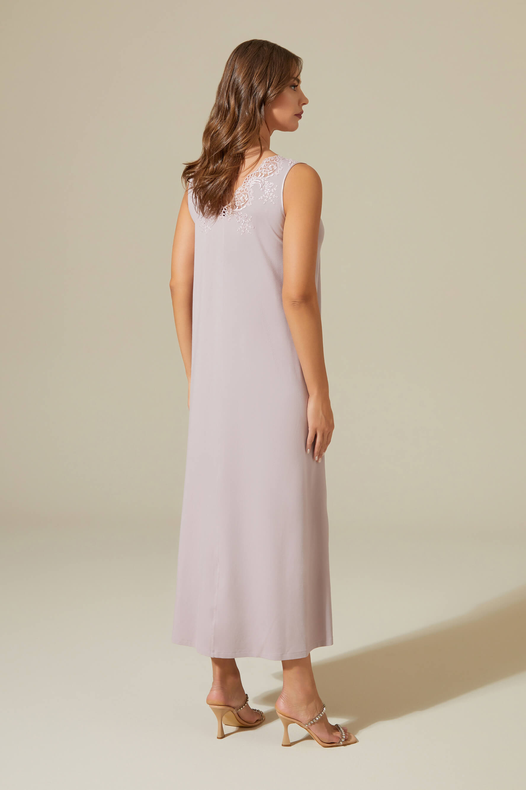 Luna Long Trimmed and Buttoned Cotton Nightgown - Powder on Powder