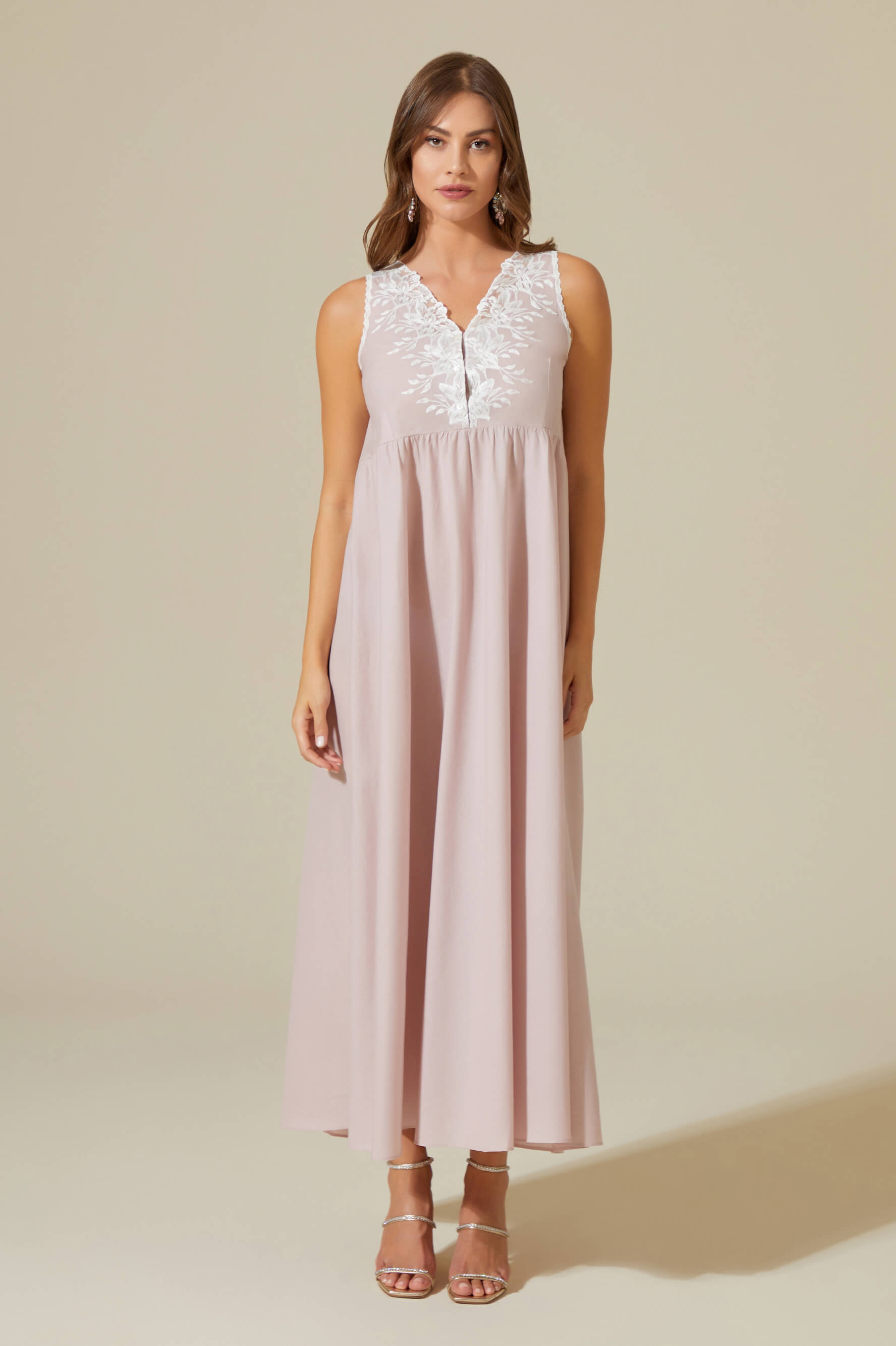 Maia - Trimmed Cotton Voile Long Sleeve Robe Set - Powder