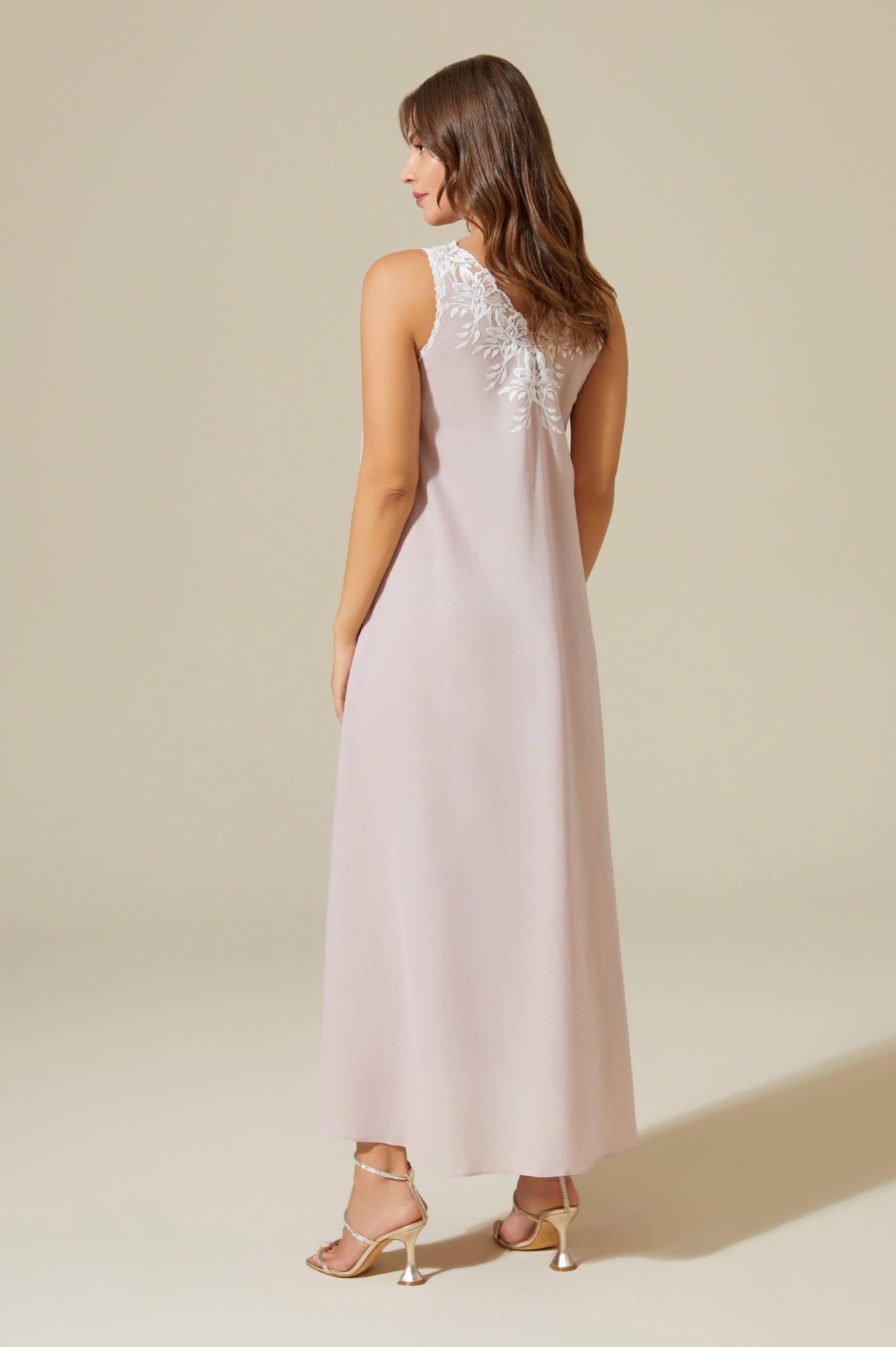 Maia - Trimmed Cotton Voile Long Sleeve Robe Set - Powder