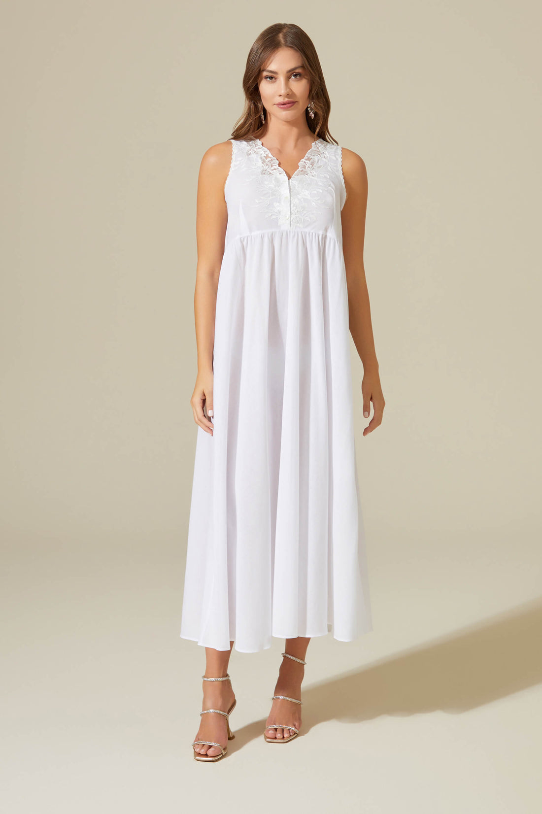 Anne Long Cotton Voile Nightgown with Buttons - Off White