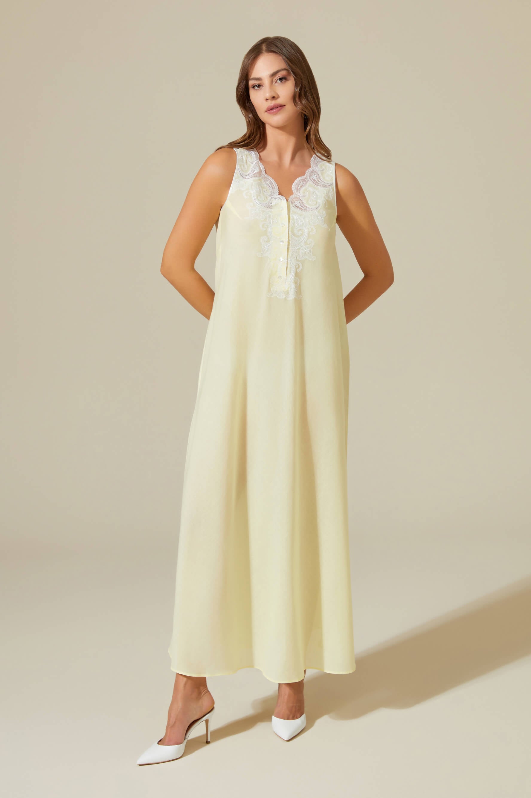 Grace - Trimmed Cotton Voile Long Sleeve Robe Set - Baby Yellow