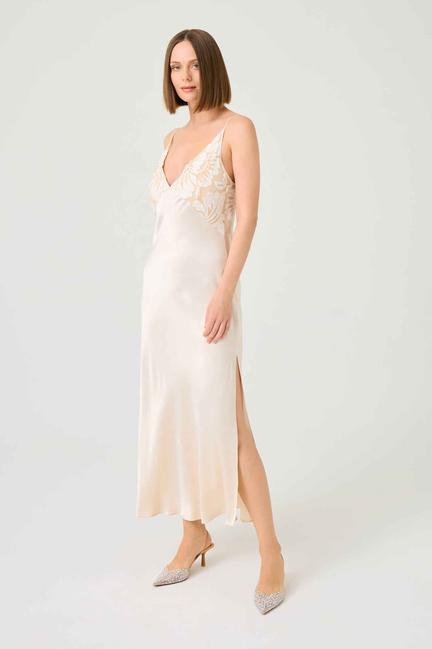 Ela Long Cupro Nightgown with Beige Lace on Vanilla