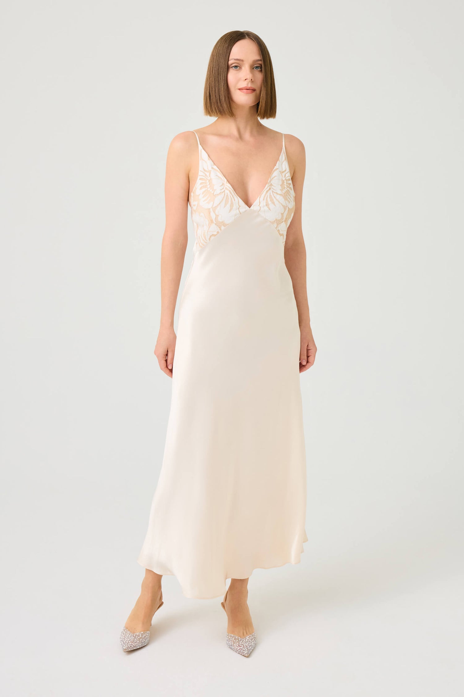 Ela Long Cupro Nightgown with Beige Lace on Vanilla