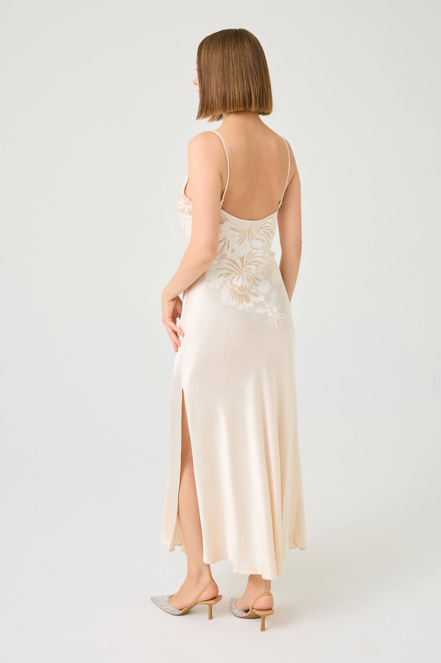 Ela Long Cupro Nightgown with Beige Lace on Vanilla