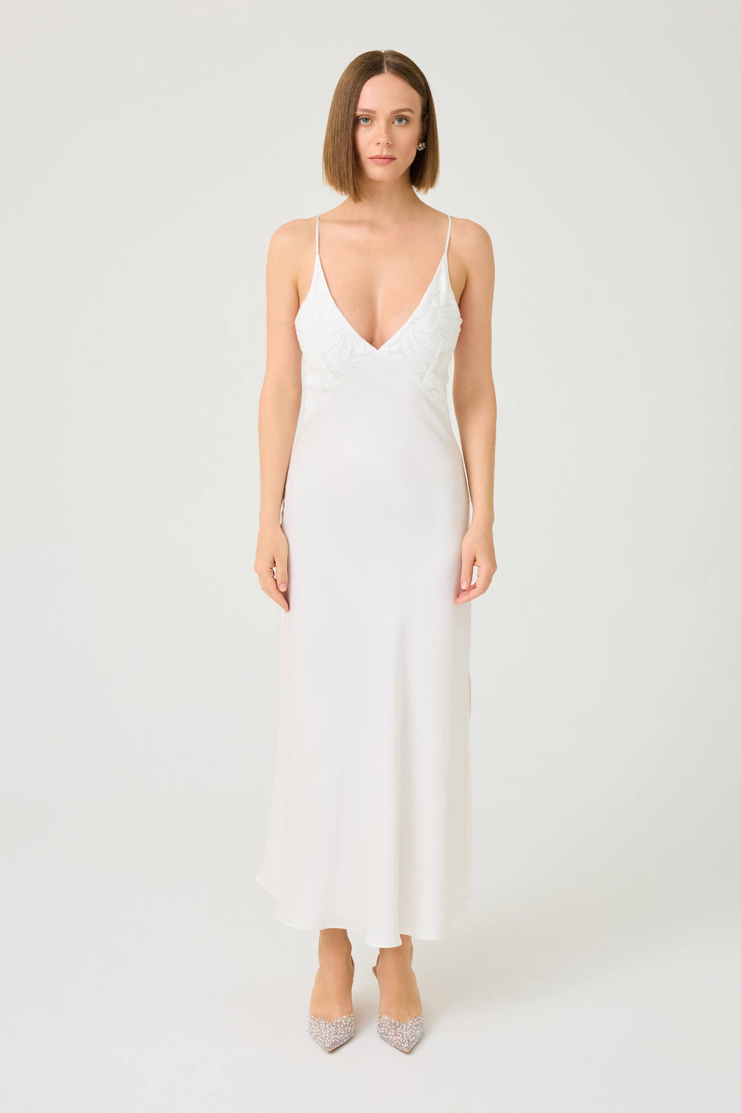 Ela Long Rayon Nightgown with Off White Lace on Off White