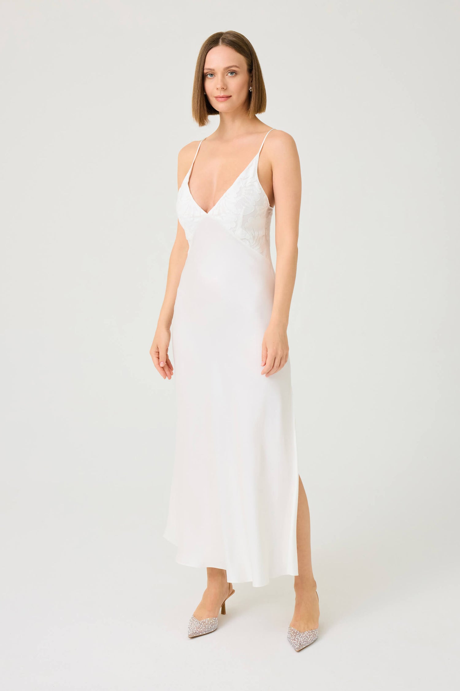Ela Long Rayon Nightgown with Off White Lace on Off White