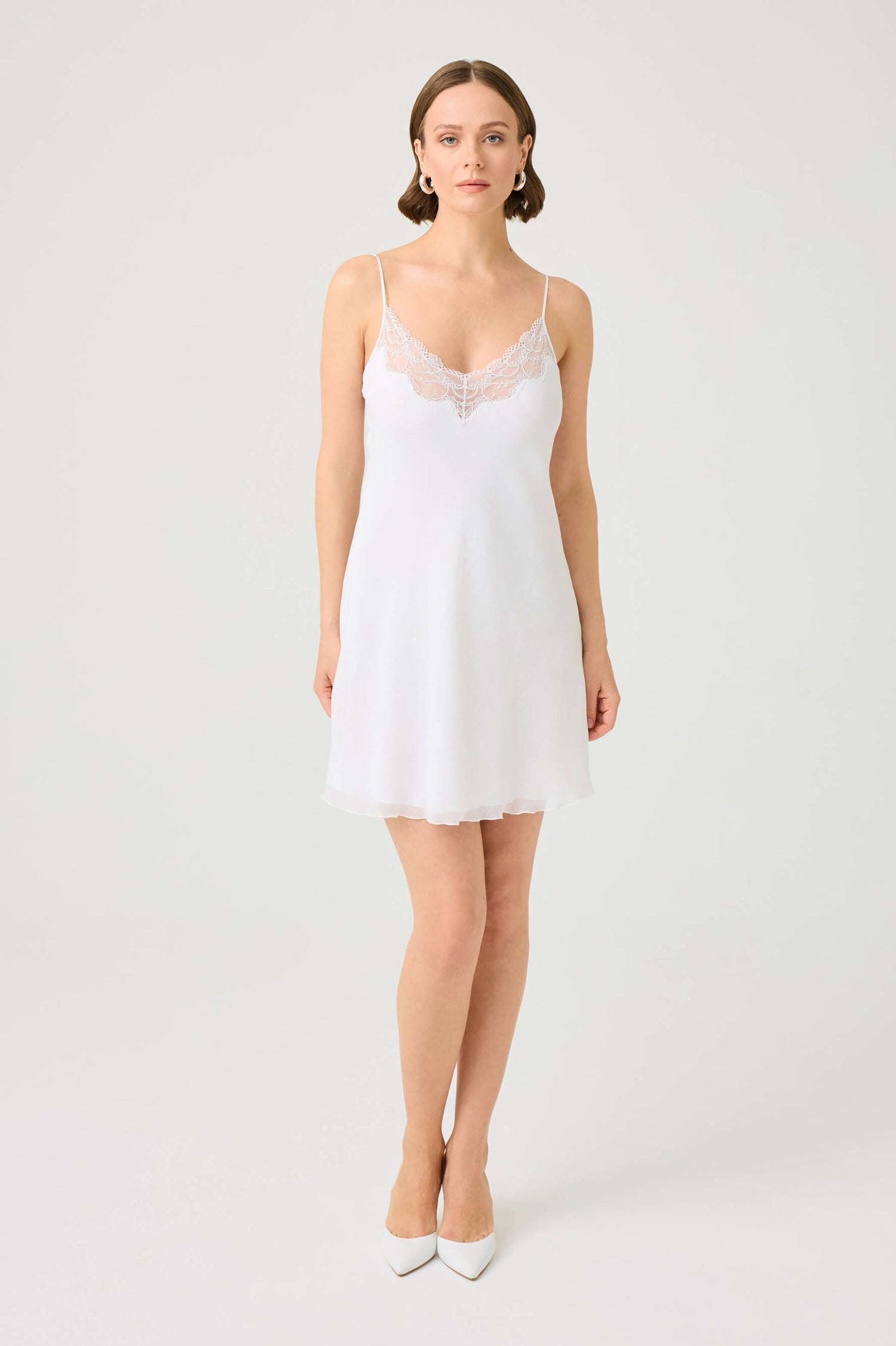 Miss Darlene Short Silky Chiffon Nightgown with Silver Lace on Off White