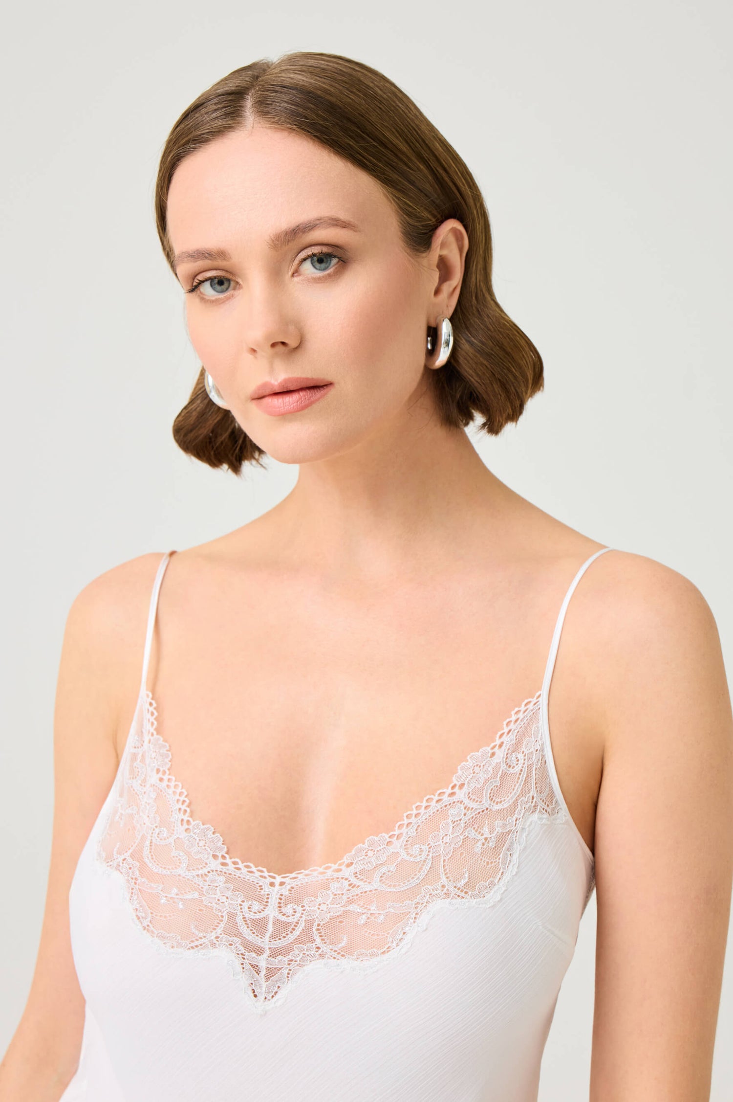 Miss Darlene Short Silky Chiffon Nightgown with Silver Lace on Off White