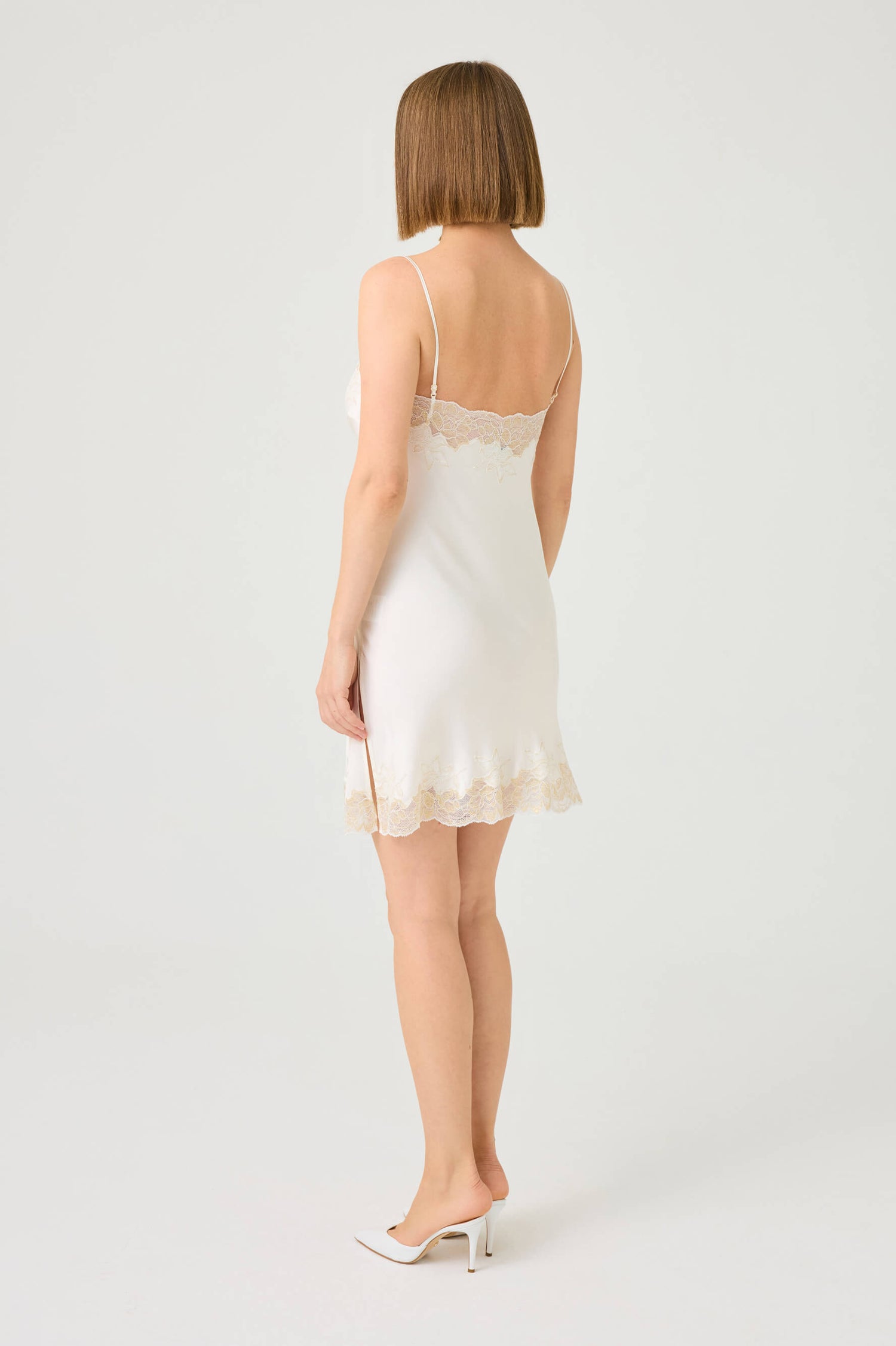 Jewel Short Rayon Nightgown with Gold Lace on Off White