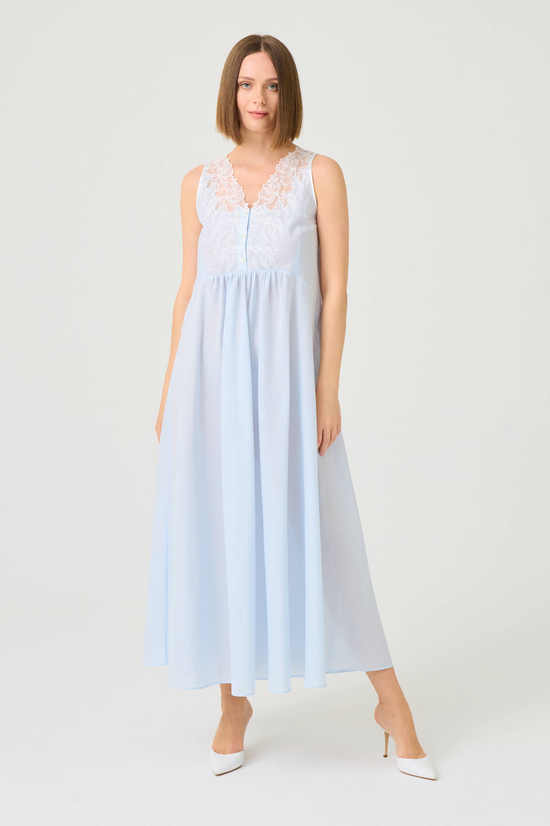 Clariss Long Cotton Voile Nightgown with Off White Lace on Baby Blue