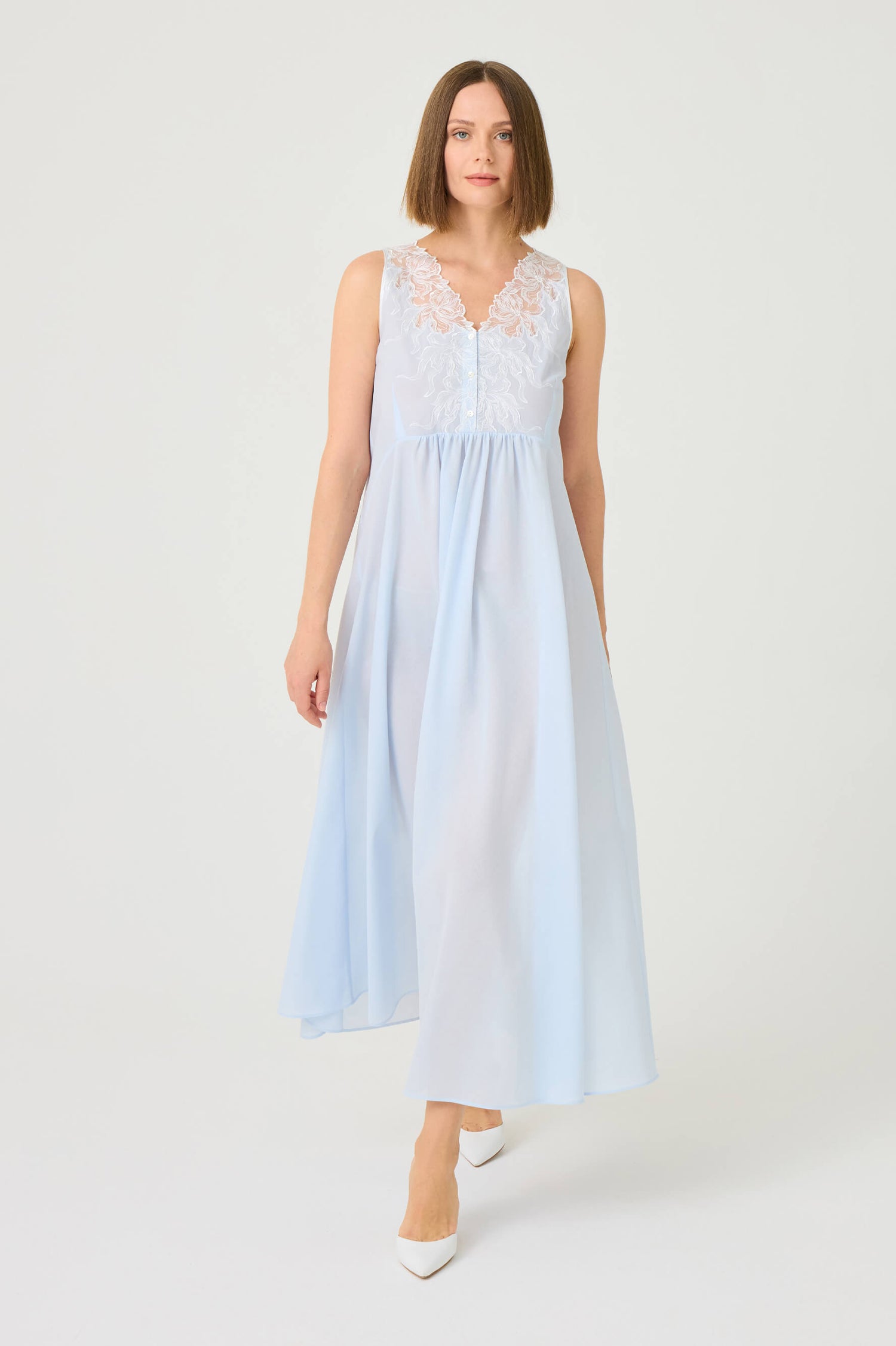 Clariss Long Cotton Voile Nightgown with Off White Lace on Baby Blue