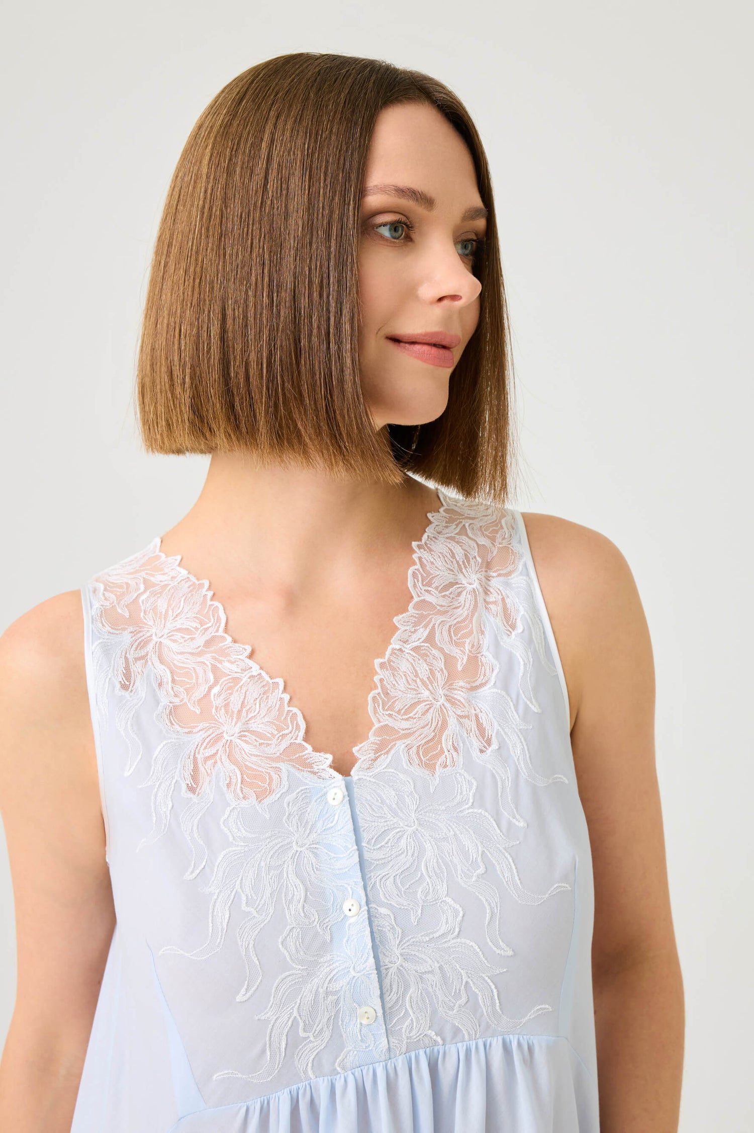 Clariss Long Cotton Voile Nightgown with Off White Lace on Baby Blue