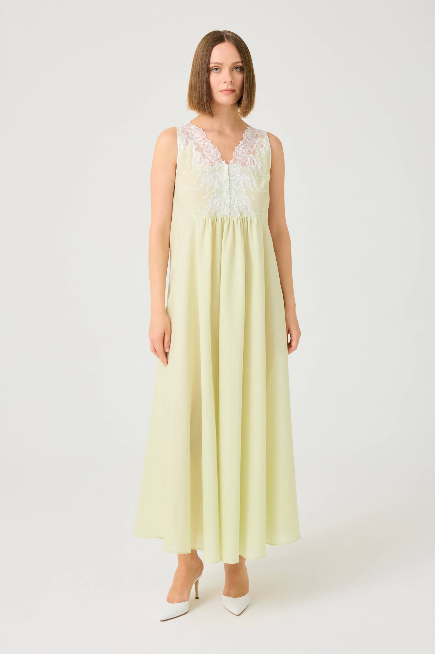 Clariss Long Cotton Voile Nightgown with Off White Lace on Light Green
