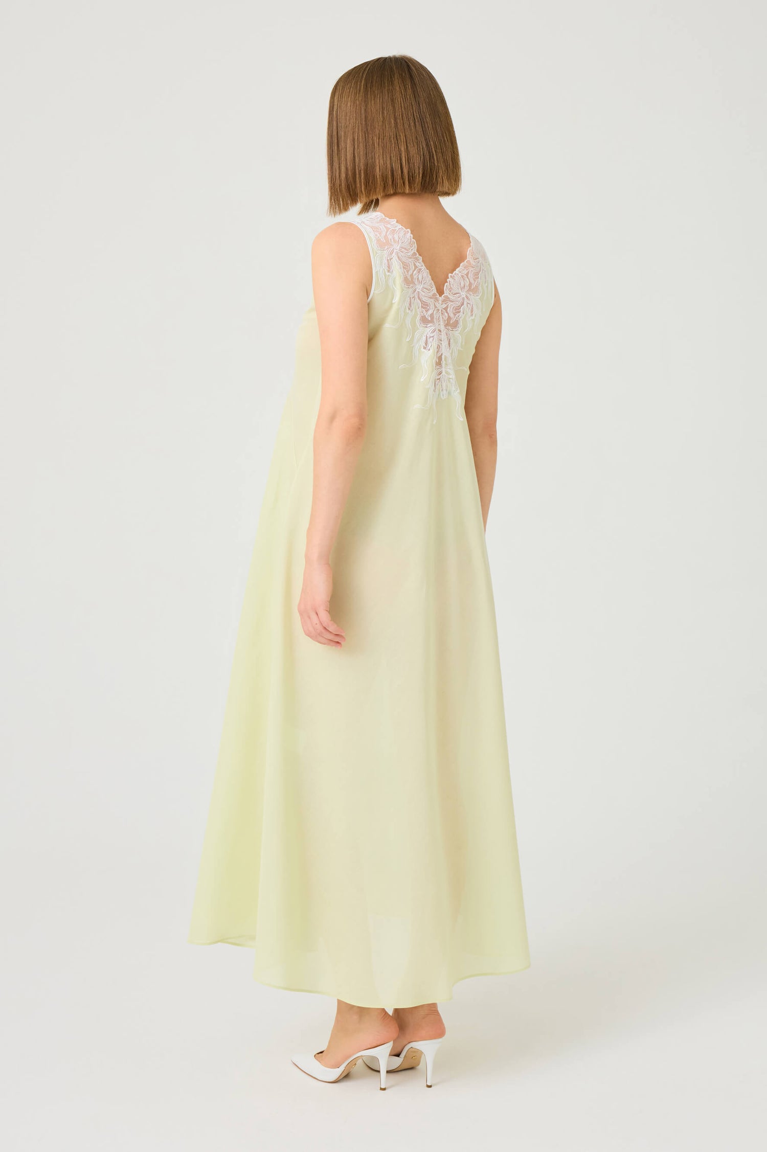 Clariss Long Cotton Voile Nightgown with Off White Lace on Light Green