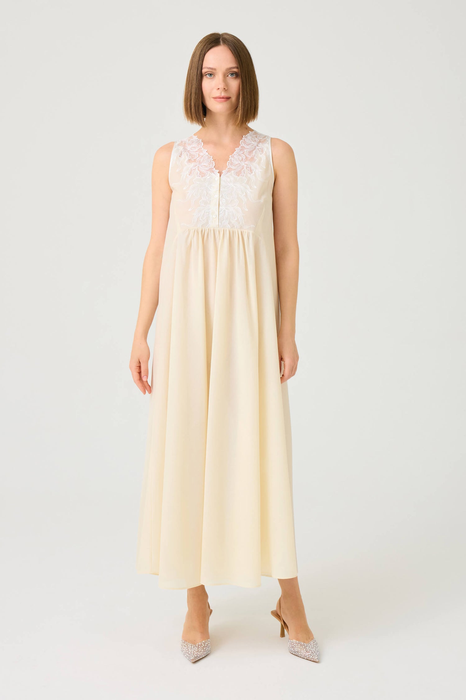 Clariss Long Cotton Voile Nightgown with Off White Lace on Honey