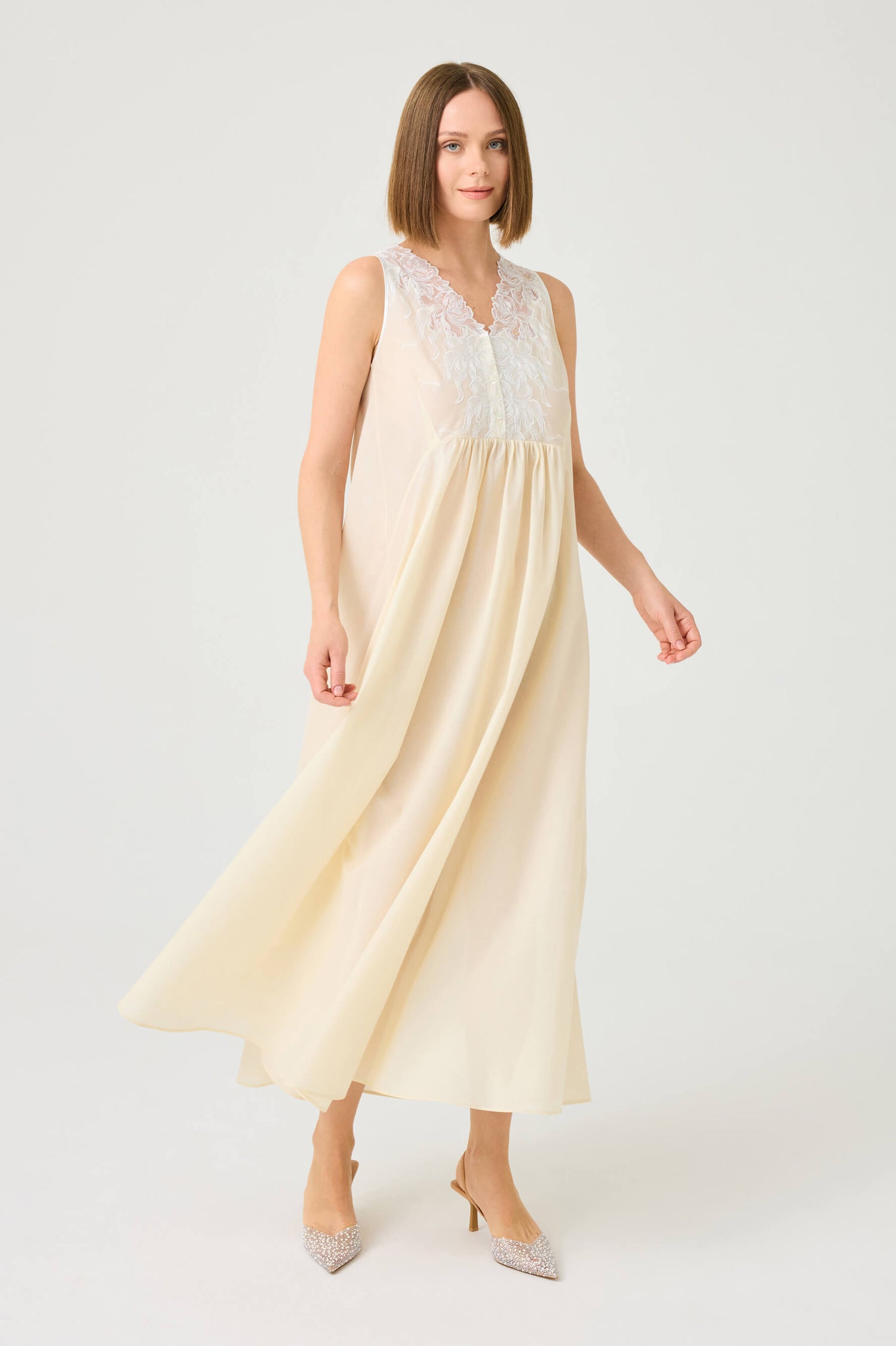 Clariss Long Cotton Voile Nightgown with Off White Lace on Honey