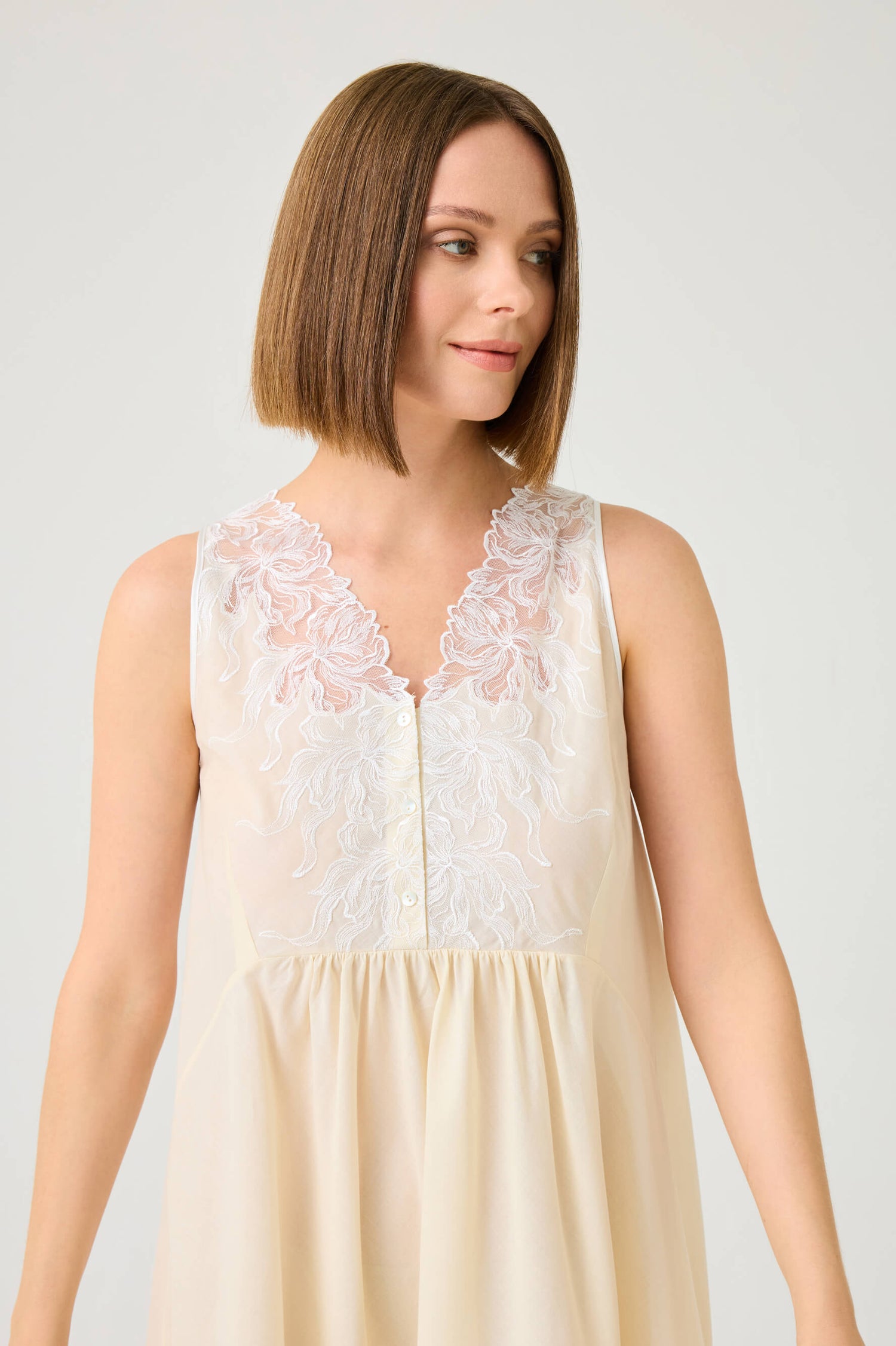Clariss Long Cotton Voile Nightgown with Off White Lace on Honey