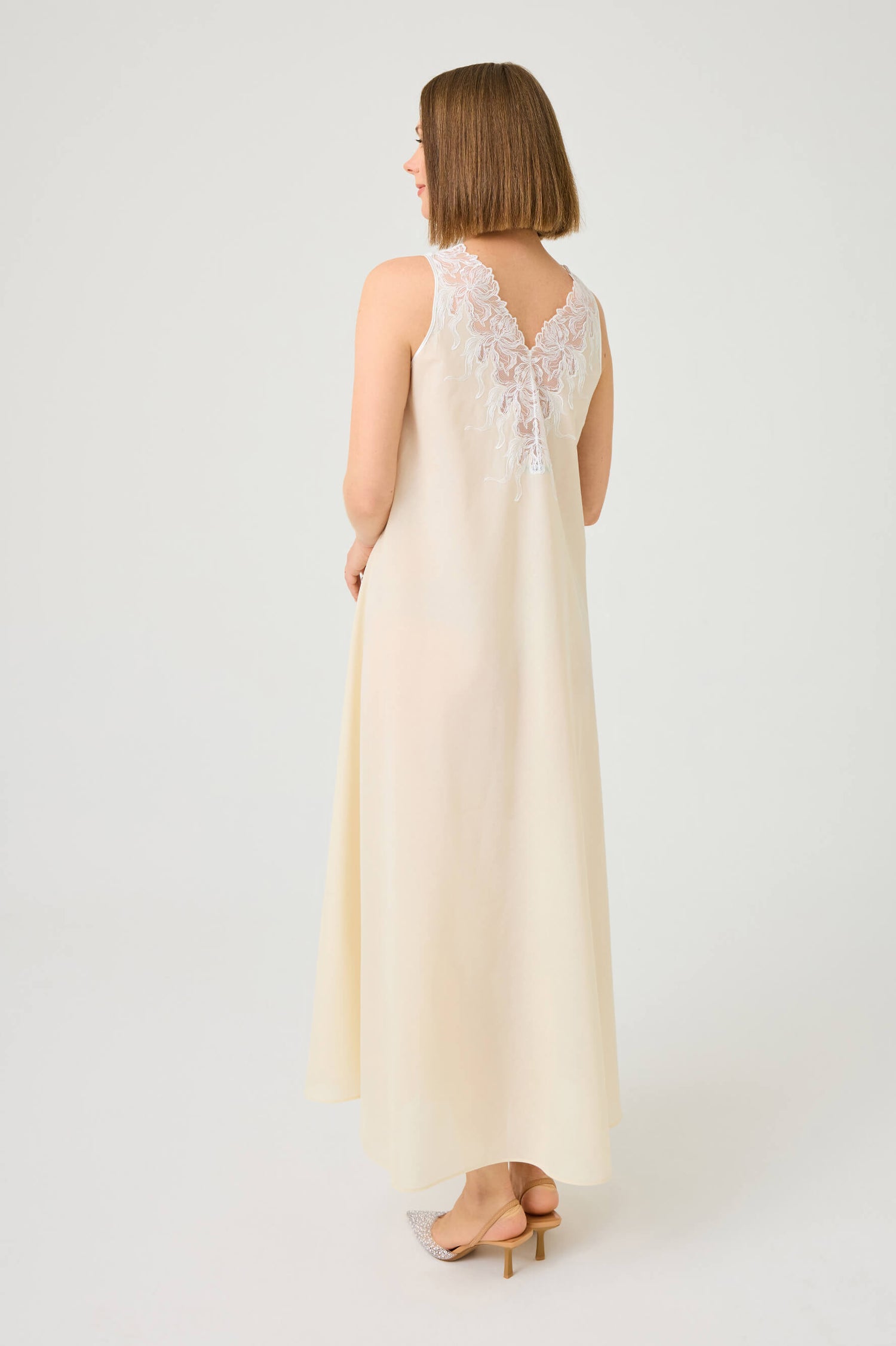 Clariss Long Cotton Voile Nightgown with Off White Lace on Honey