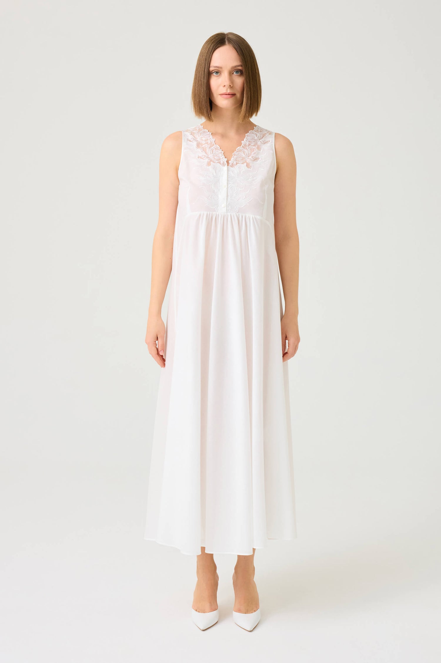 Clariss Long Cotton Voile Nightgown with Off White Lace on Off White
