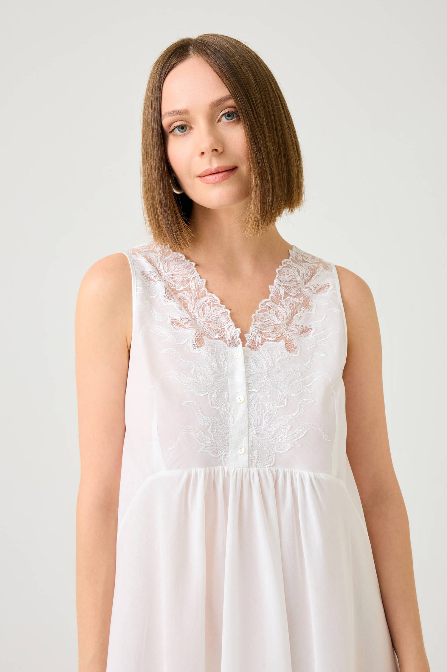 Clariss Long Cotton Voile Nightgown with Off White Lace on Off White