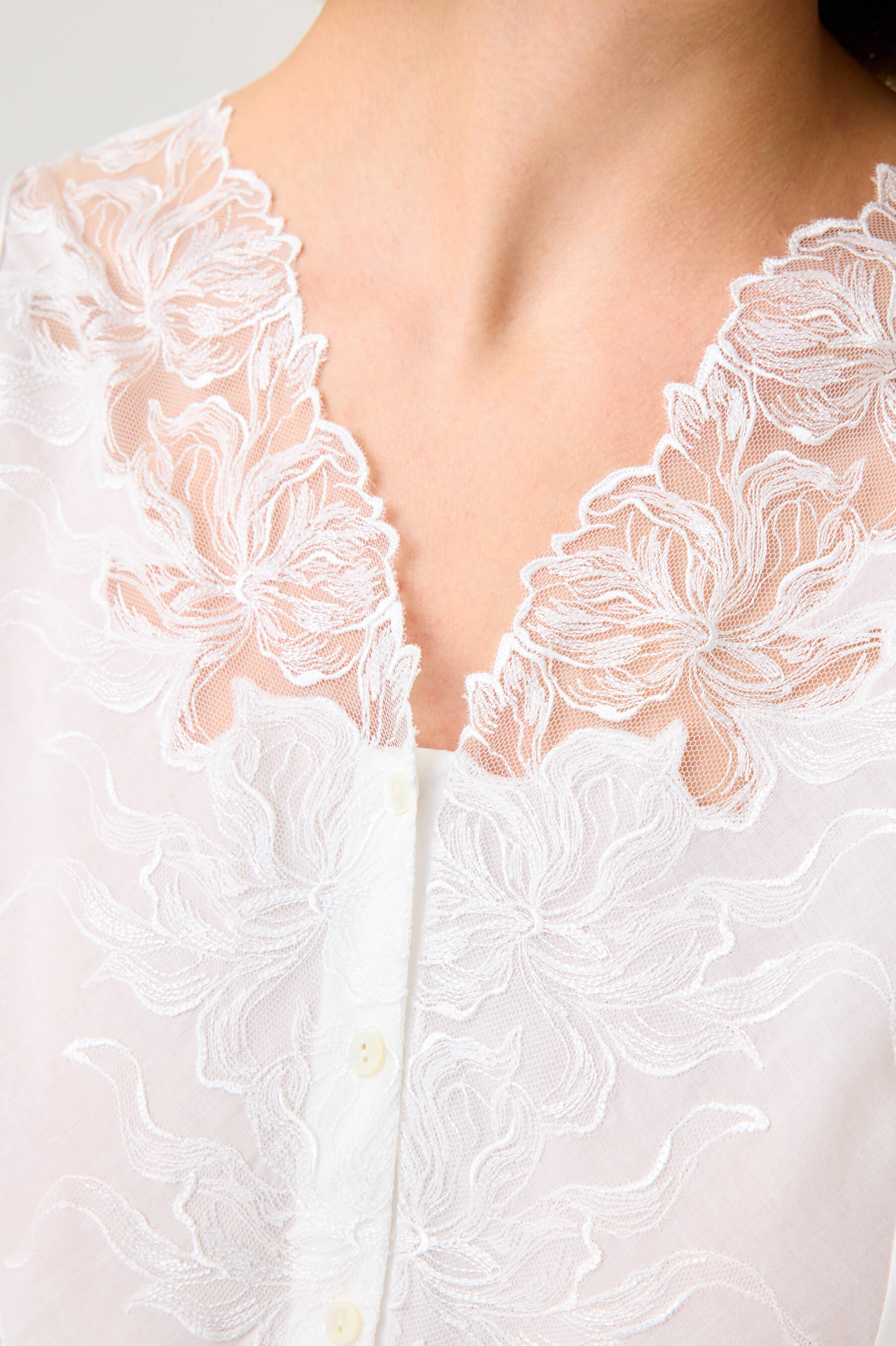 Liliane Long Cotton Voile Robe Set with Off White Lace on Off White