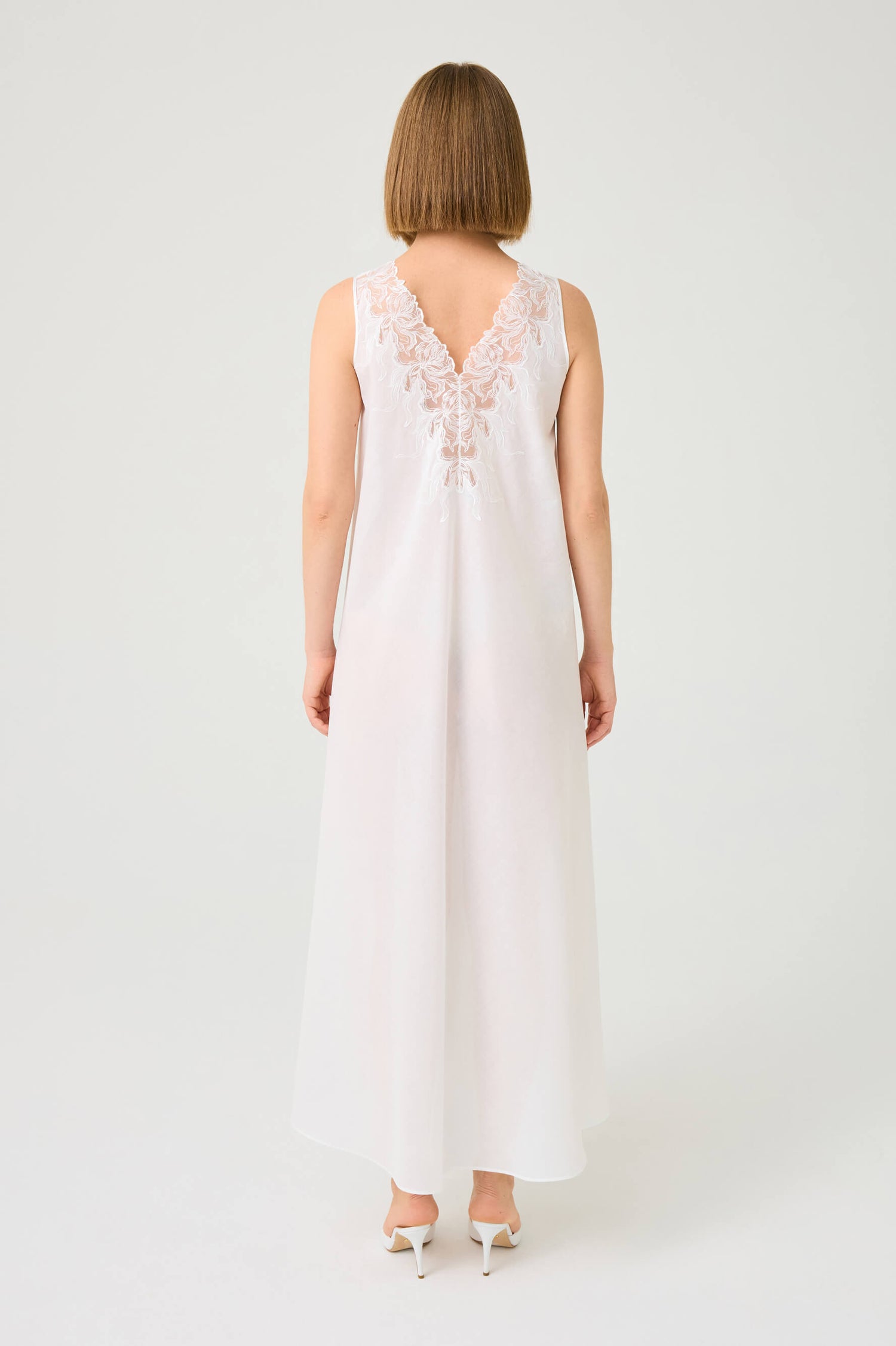 Clariss Long Cotton Voile Nightgown with Off White Lace on Off White