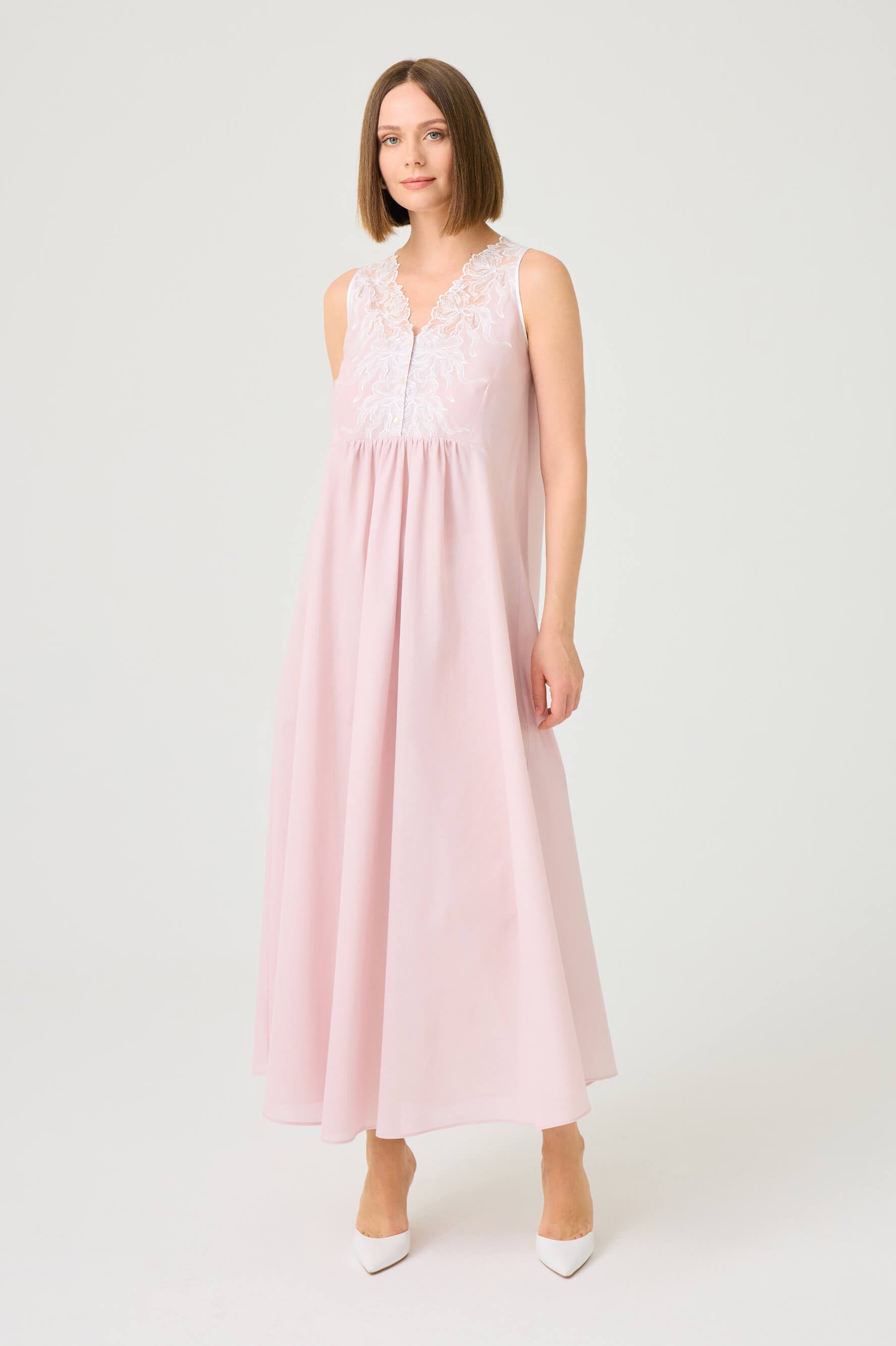 Liliane Long Cotton Voile Robe Set with Off White Lace on Powder