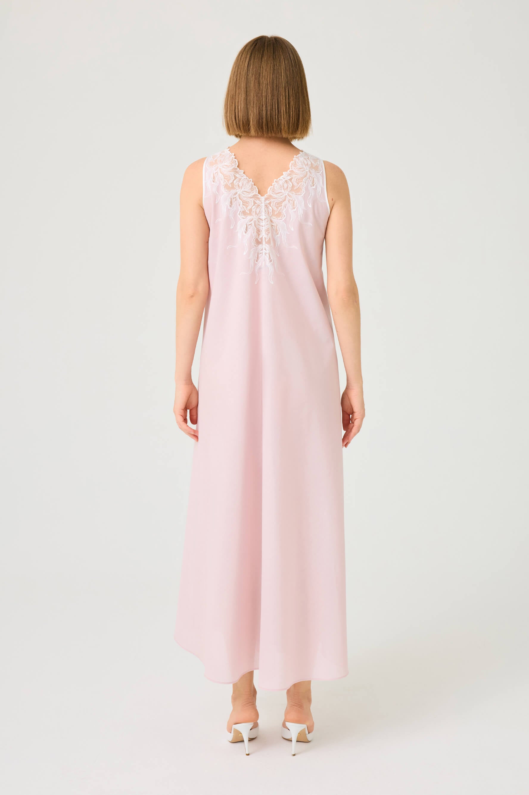 Liliane Long Cotton Voile Robe Set with Off White Lace on Powder