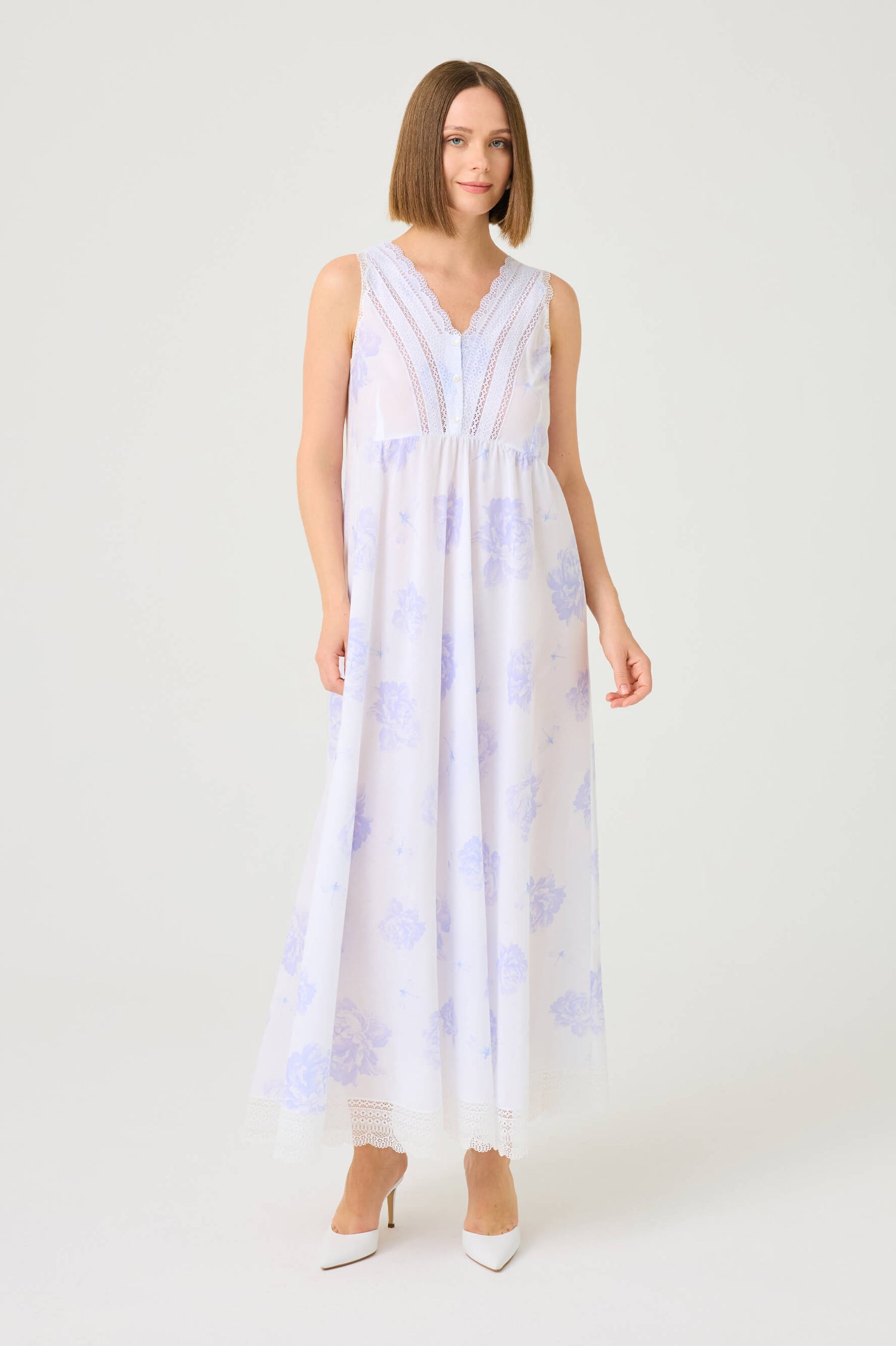 Lilas Long Cotton Voile Printed Nightgown with Off White Lace