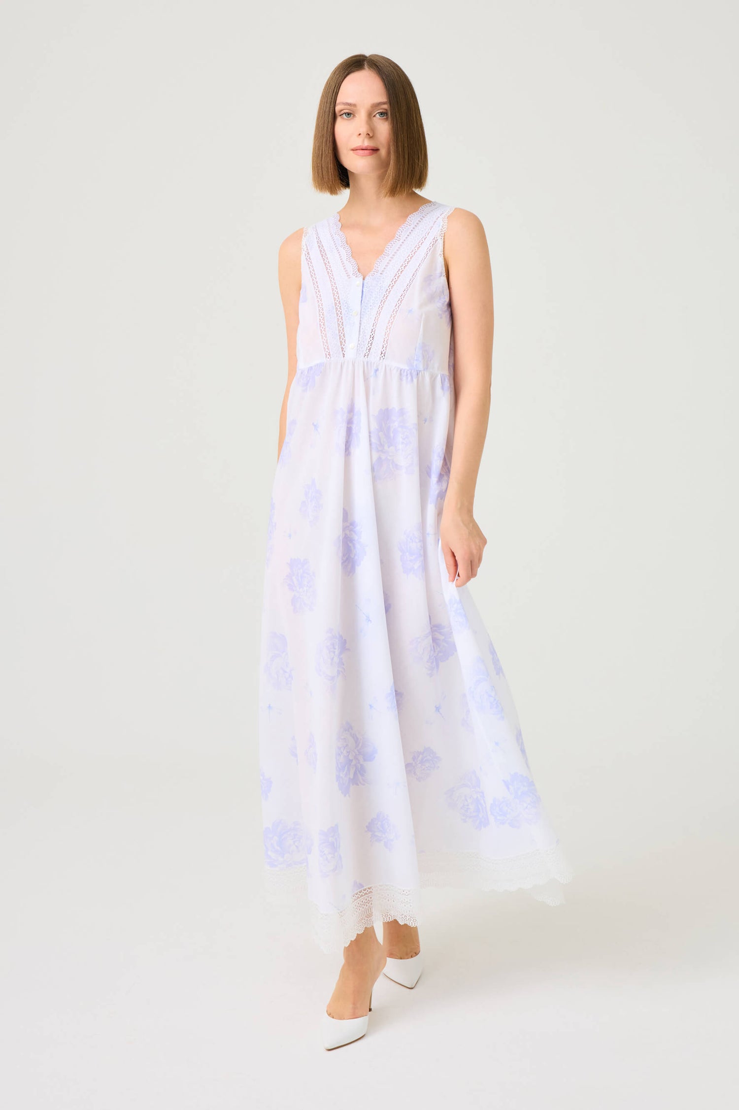 Lilas Long Cotton Voile Printed Nightgown with Off White Lace