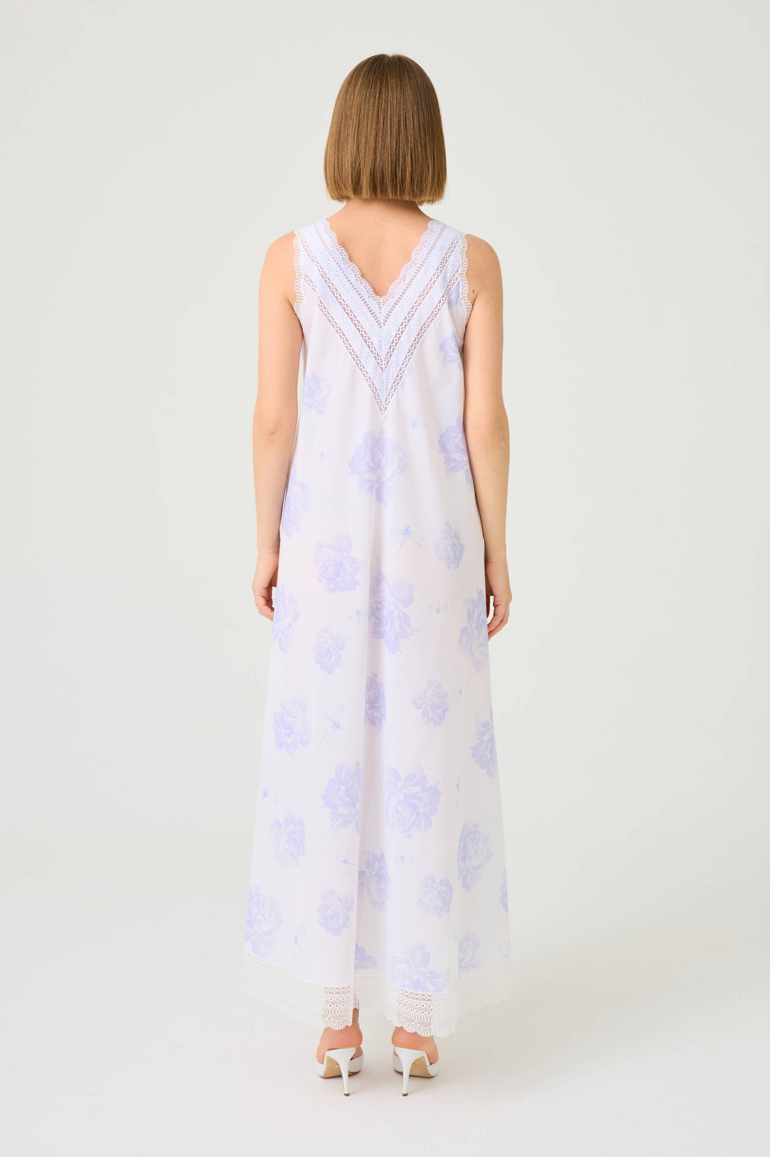 Lilas Long Cotton Voile Printed Nightgown with Off White Lace