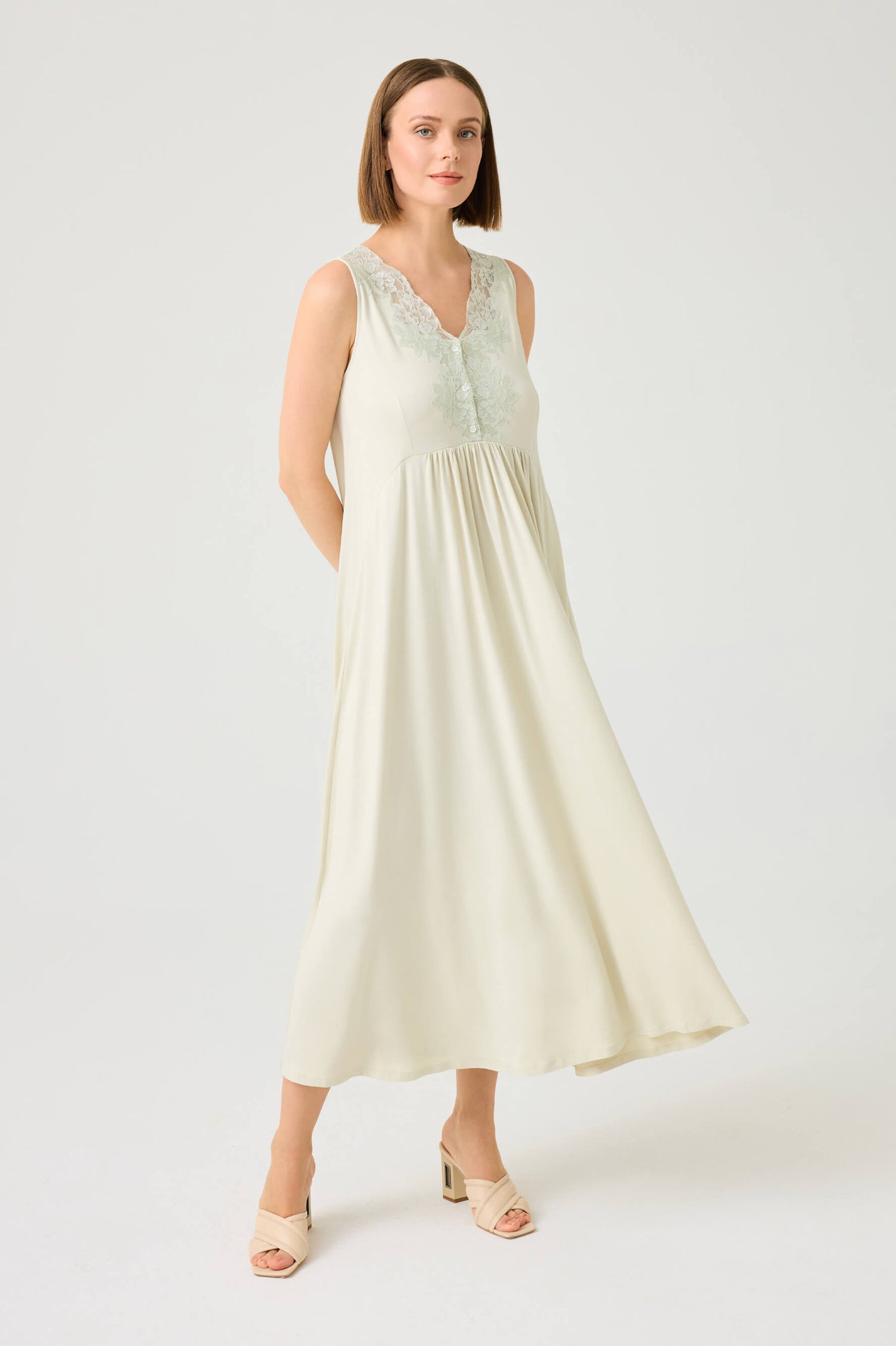 Solenne Long Cotton Jersey Robe Set with Sage Green Lace Sage Green