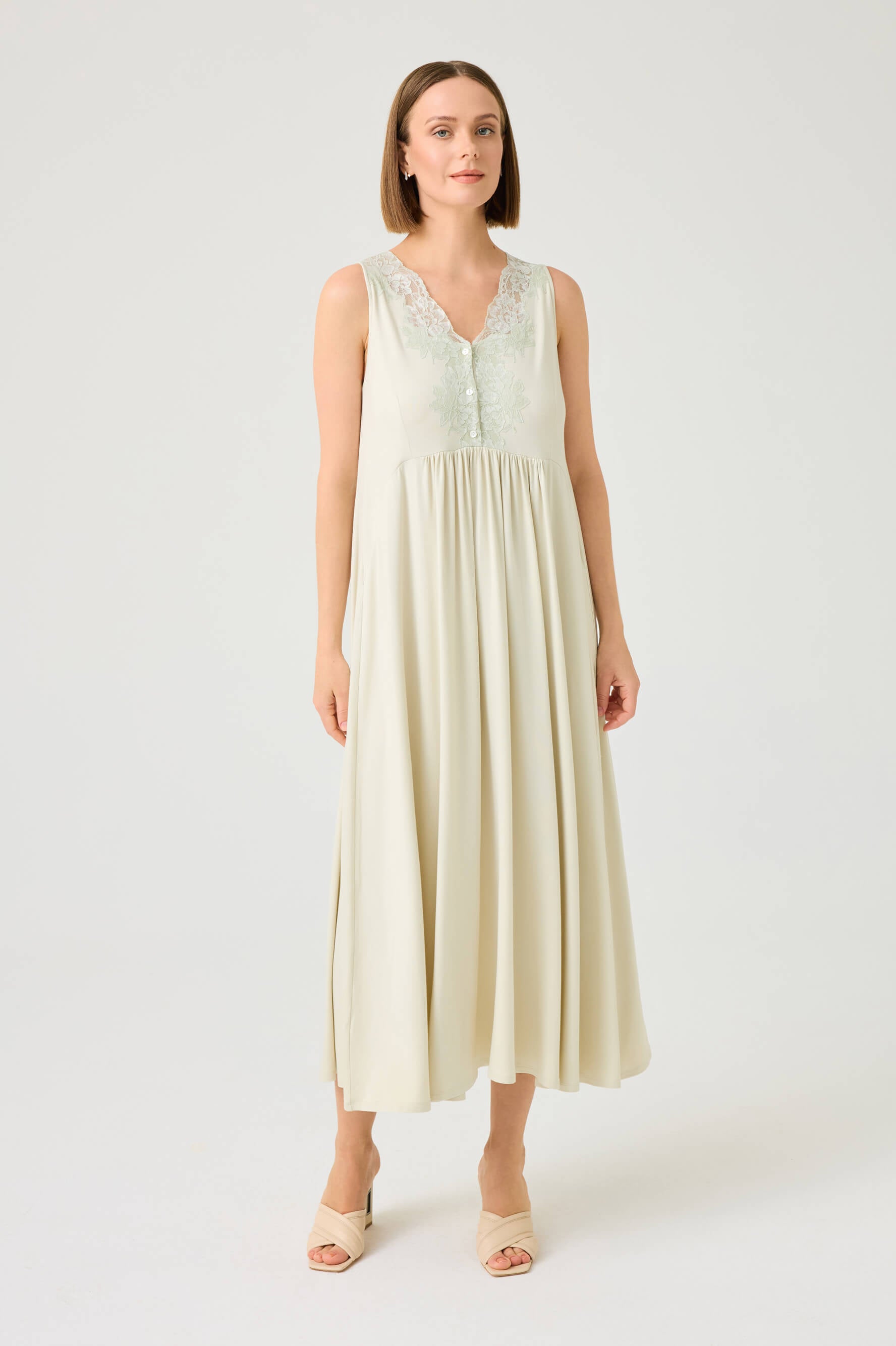 Solenne Long Cotton Jersey Robe Set with Sage Green Lace Sage Green