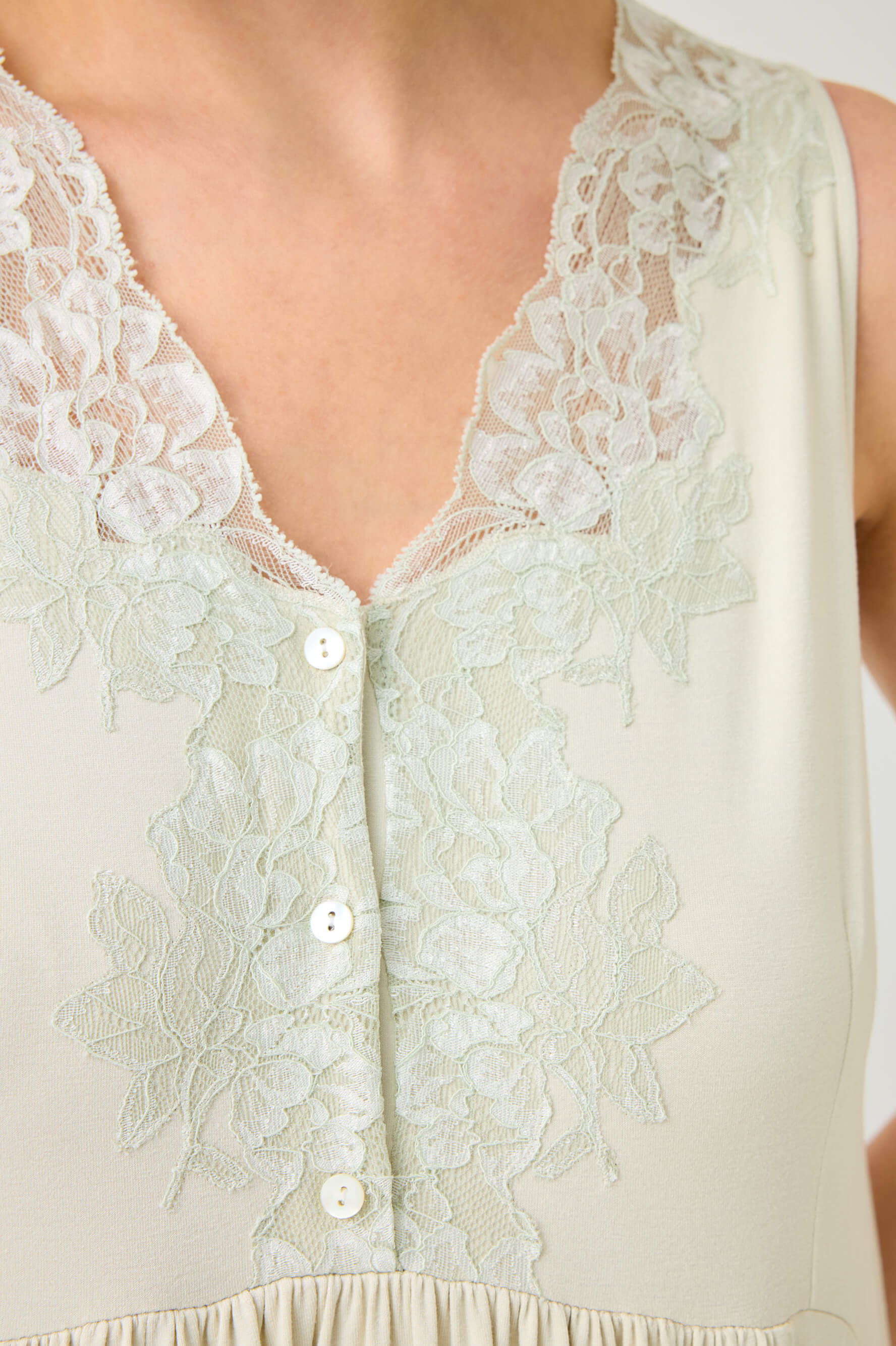 Solenne Long Cotton Jersey Robe Set with Sage Green Lace Sage Green