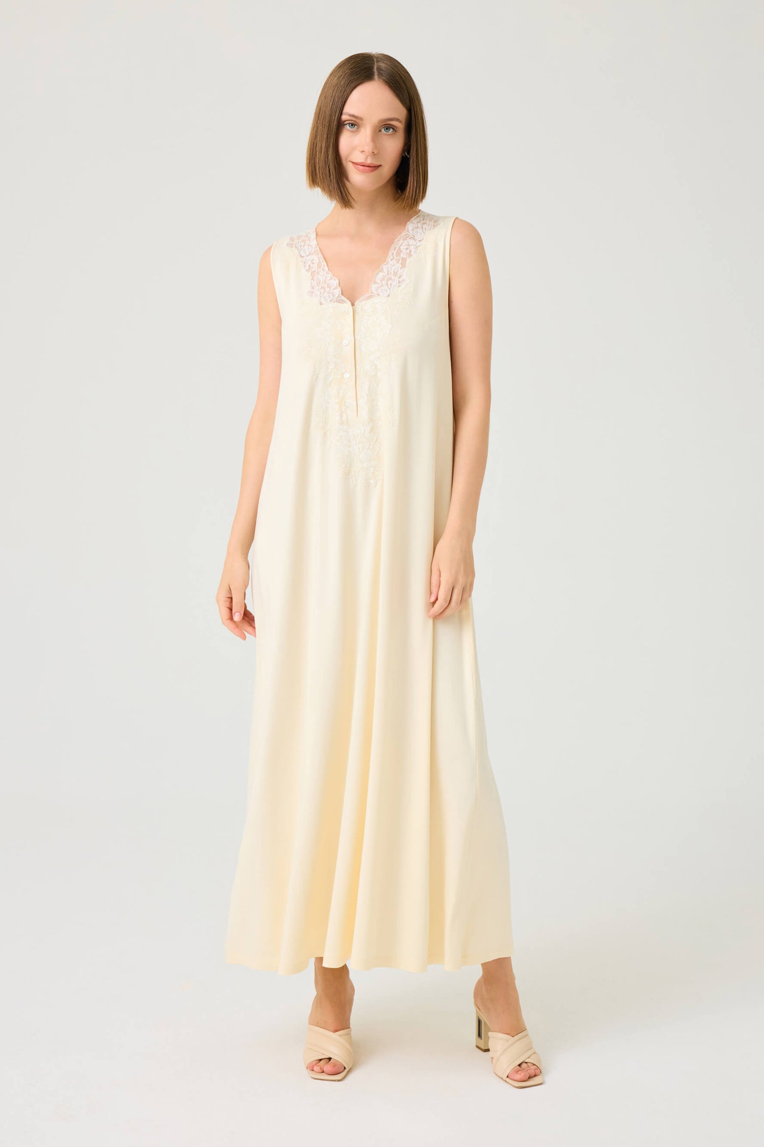 Solenne Long Cotton Jersey Robe Set with Honey Lace on Honey