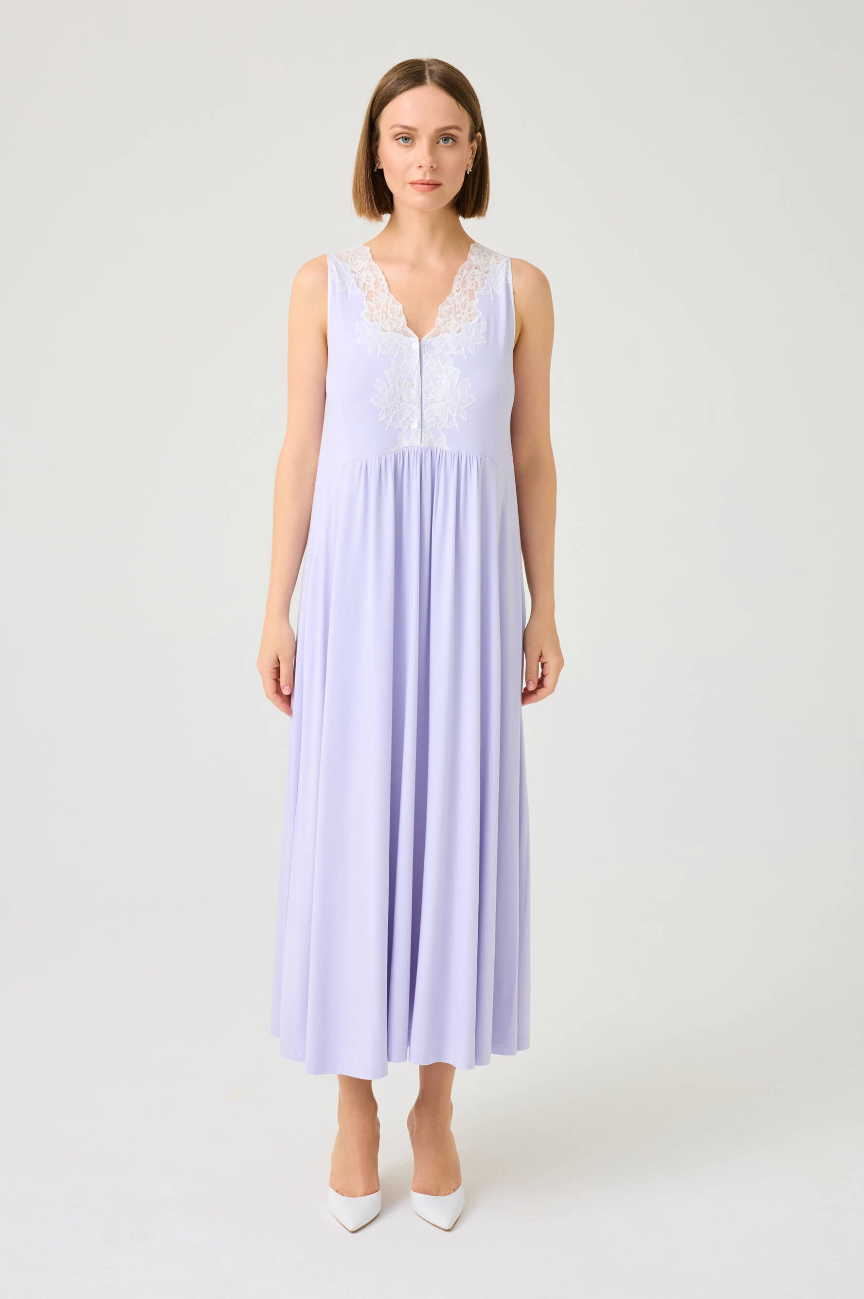 Solenne Long Cotton Jersey Robe Set with Off White Lace on Lilac