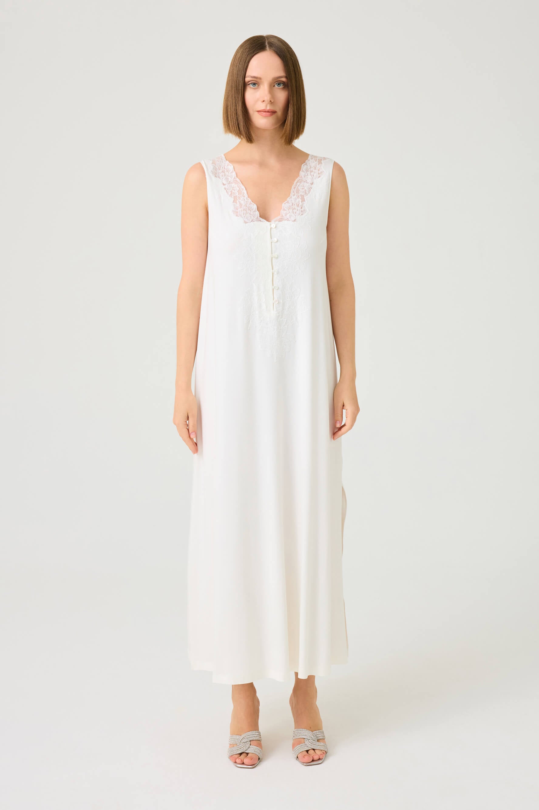 Vivi Long Cotton Jersey Nightgown with Off White Lace on Off White