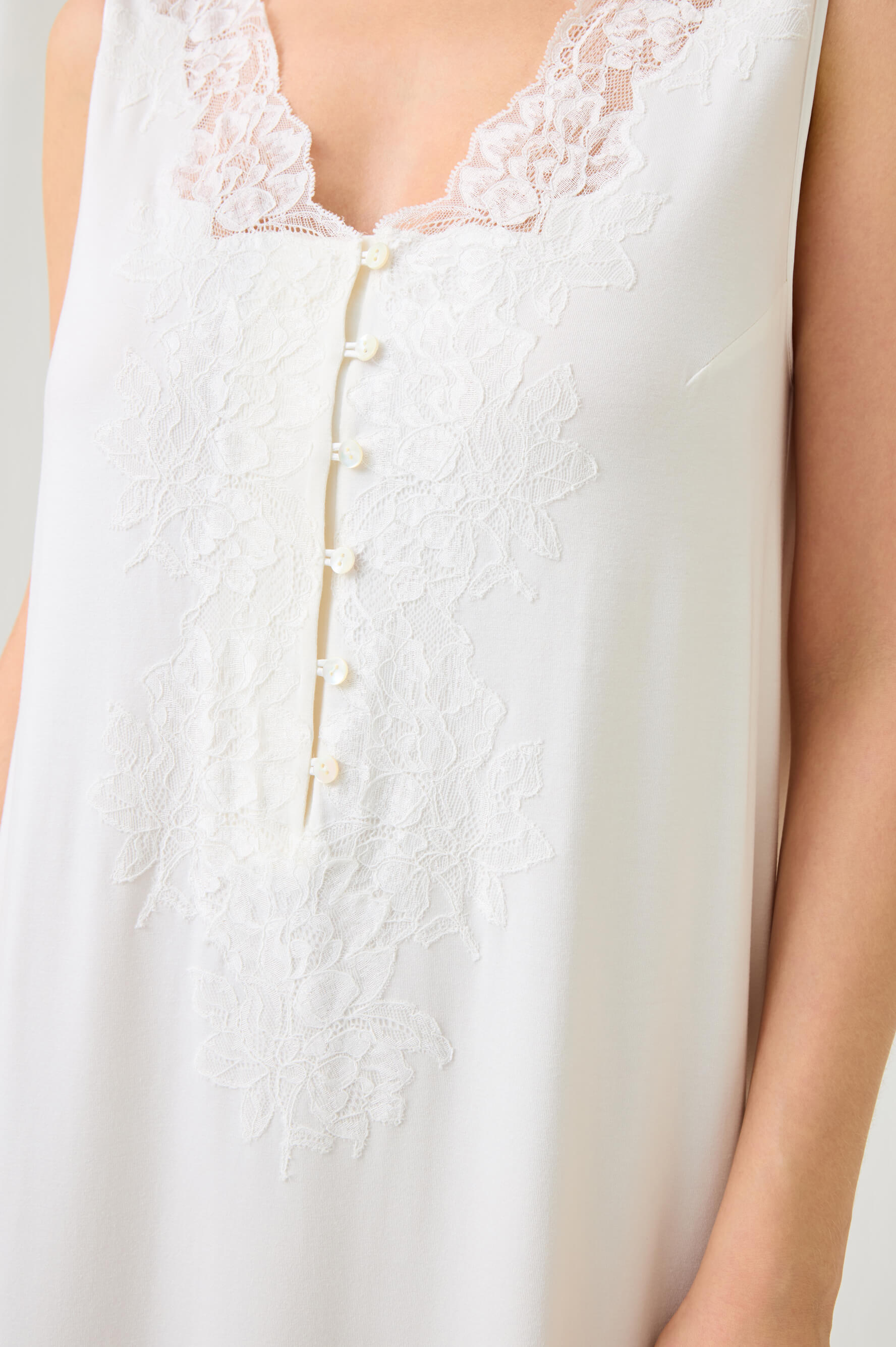 Vivi Long Cotton Jersey Nightgown with Off White Lace on Off White