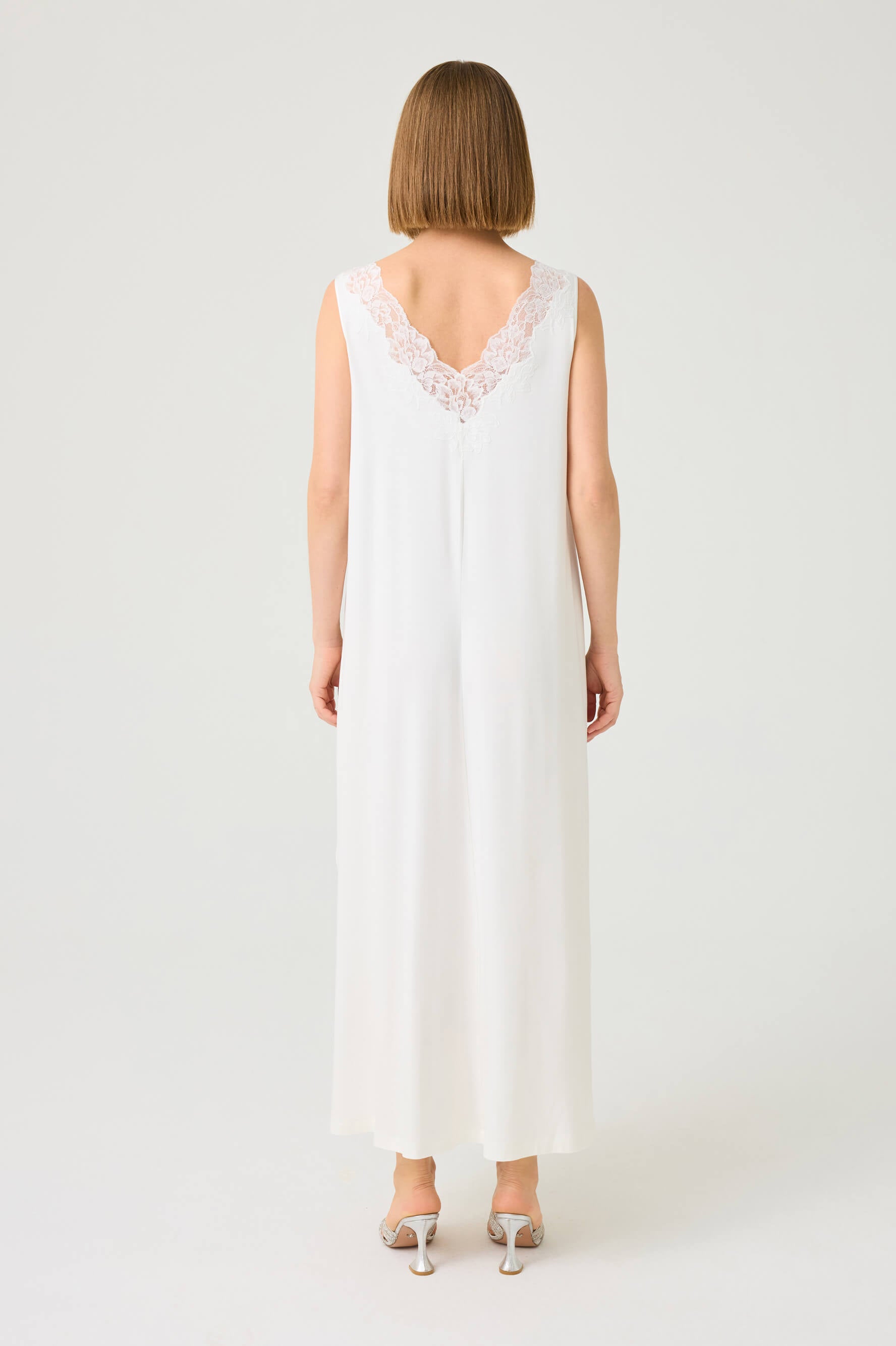 Vivi Long Cotton Jersey Nightgown with Off White Lace on Off White