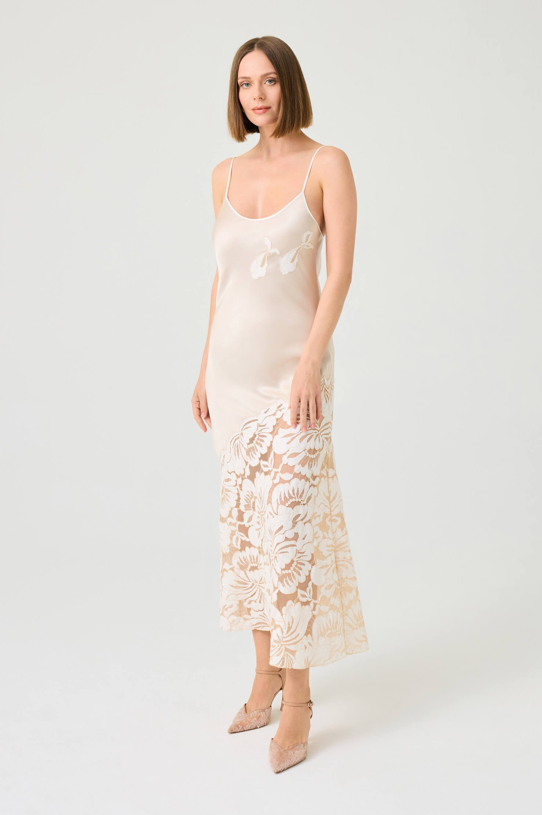 Dalia Long Rayon Robe Set with Beige Lace on Beige