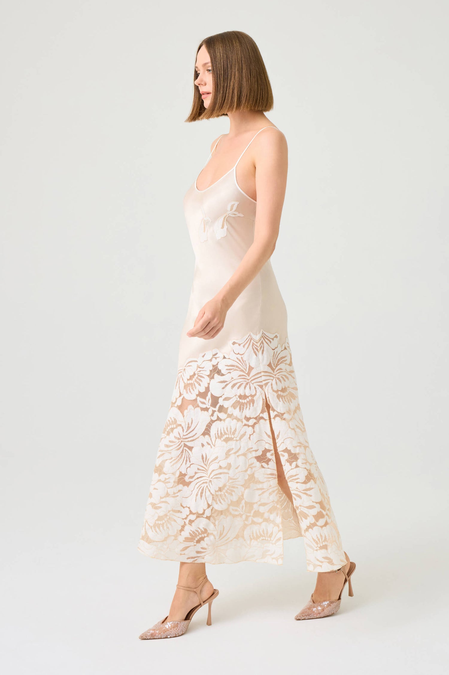 Elia Long Rayon Nightgown with BeigeLace on Beige