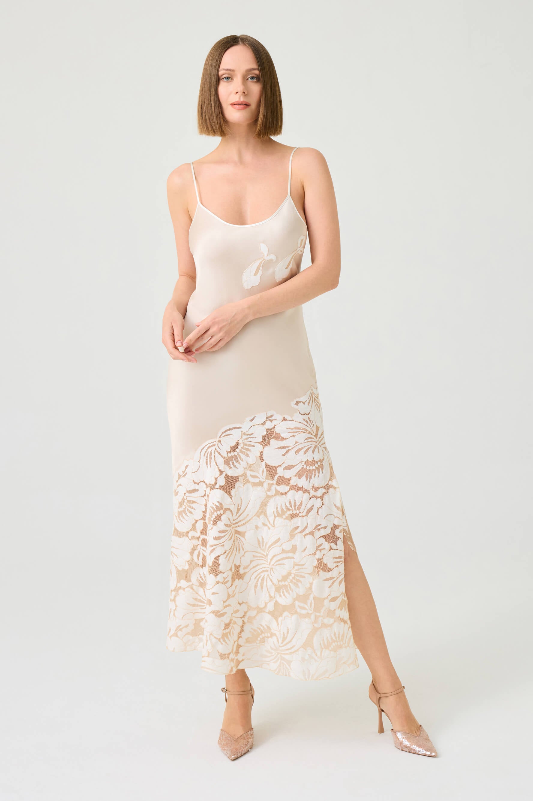 Dalia Long Rayon Robe Set with Beige Lace on Beige