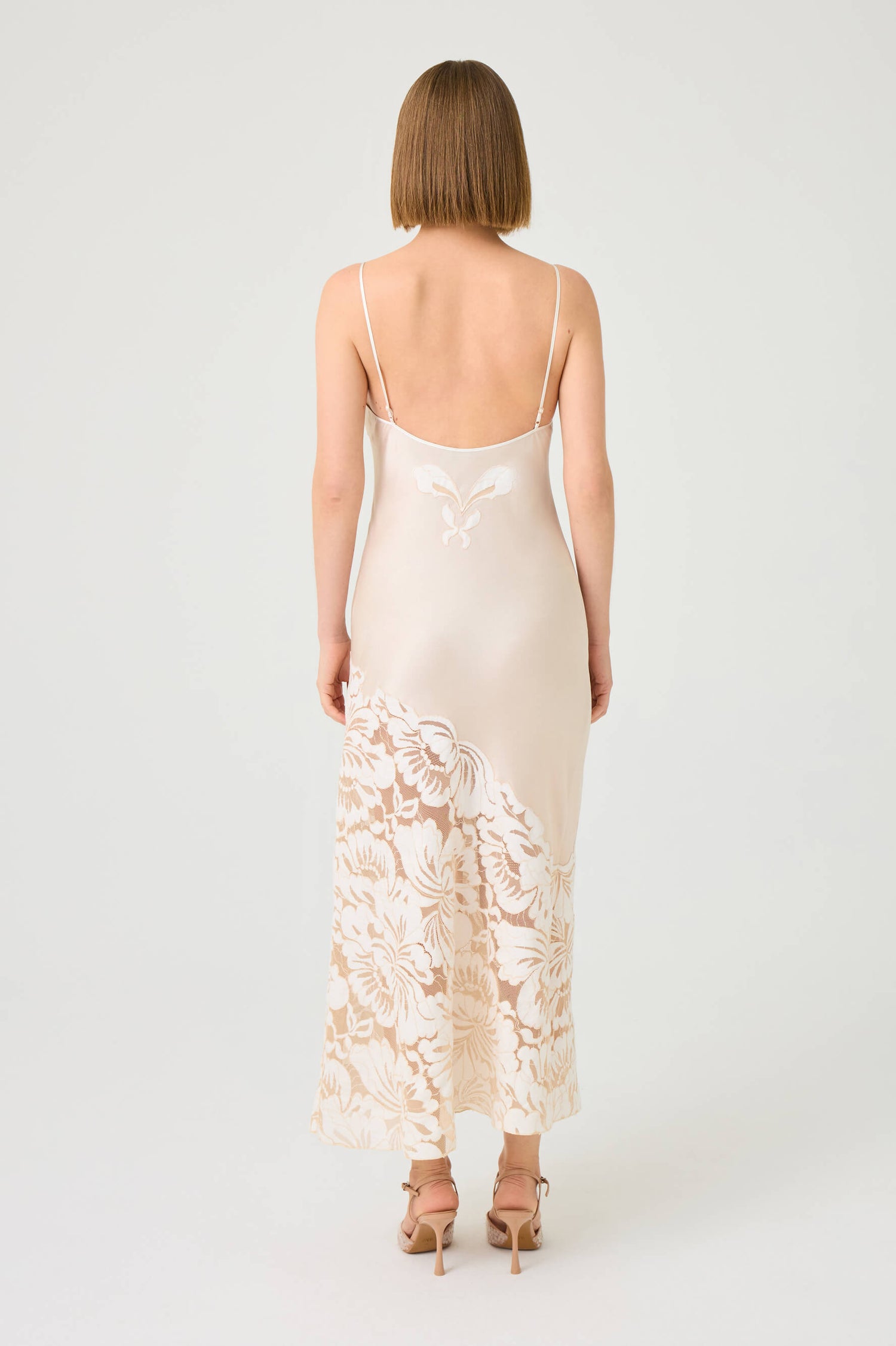 Elia Long Rayon Nightgown with BeigeLace on Beige