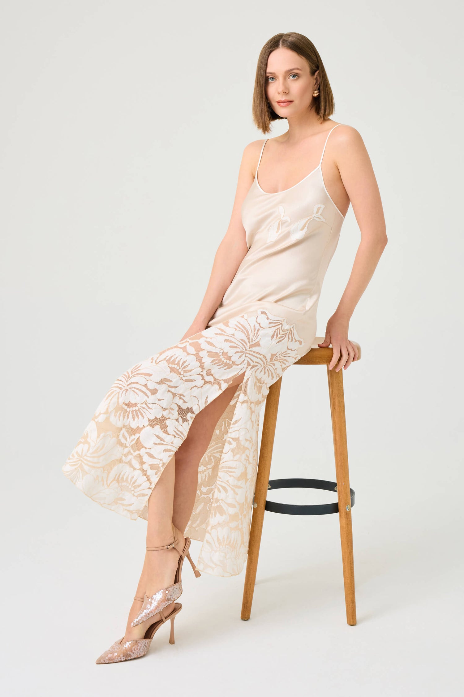 Elia Long Rayon Nightgown with BeigeLace on Beige