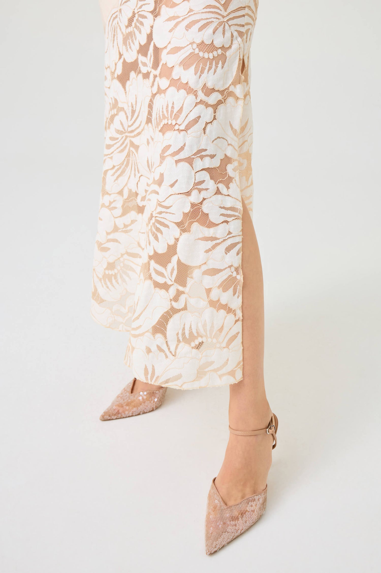 Elia Long Rayon Nightgown with BeigeLace on Beige