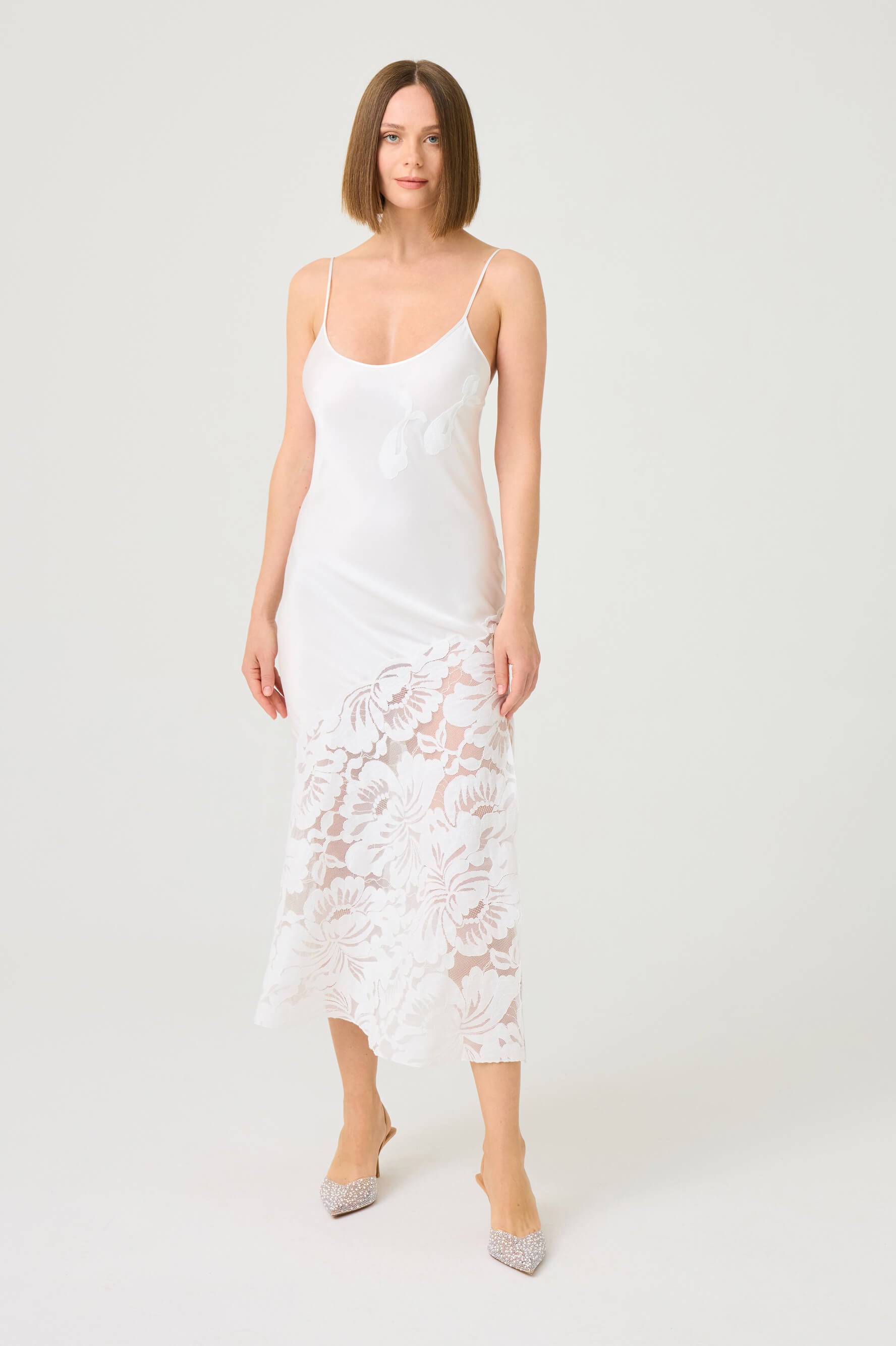 Dalia Long Rayon Robe Set with Off White Lace on Off White